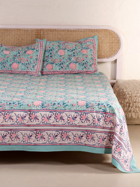 Hand Block Print Jaipuri Cotton Bedsheet With Two Reversible Pillow Cover