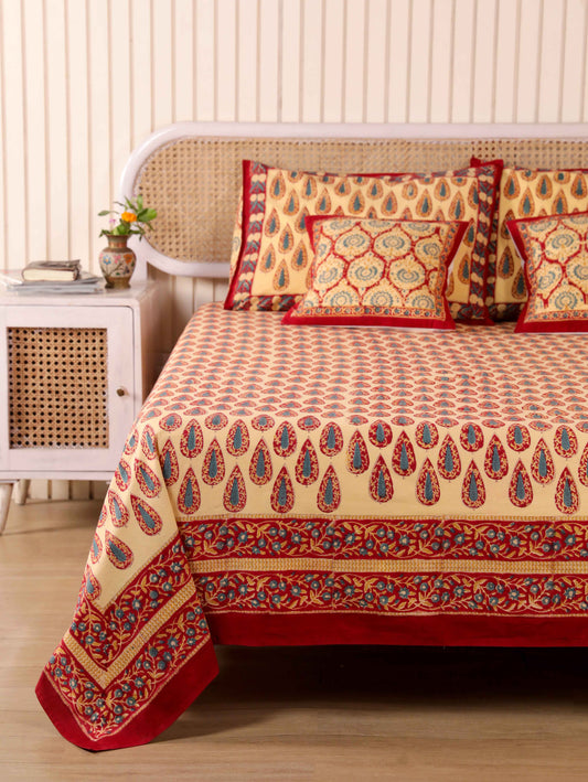 Hand Block Print Jaipuri Cotton Bedsheet With Two Reversible Pillow Cover