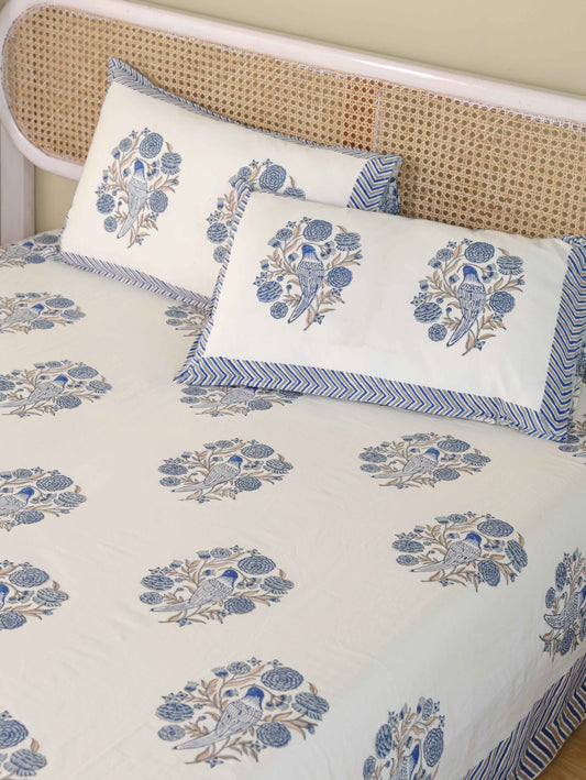 Hand Block Print Jaipuri Cotton Bedsheet With Two Reversible Pillow Cover