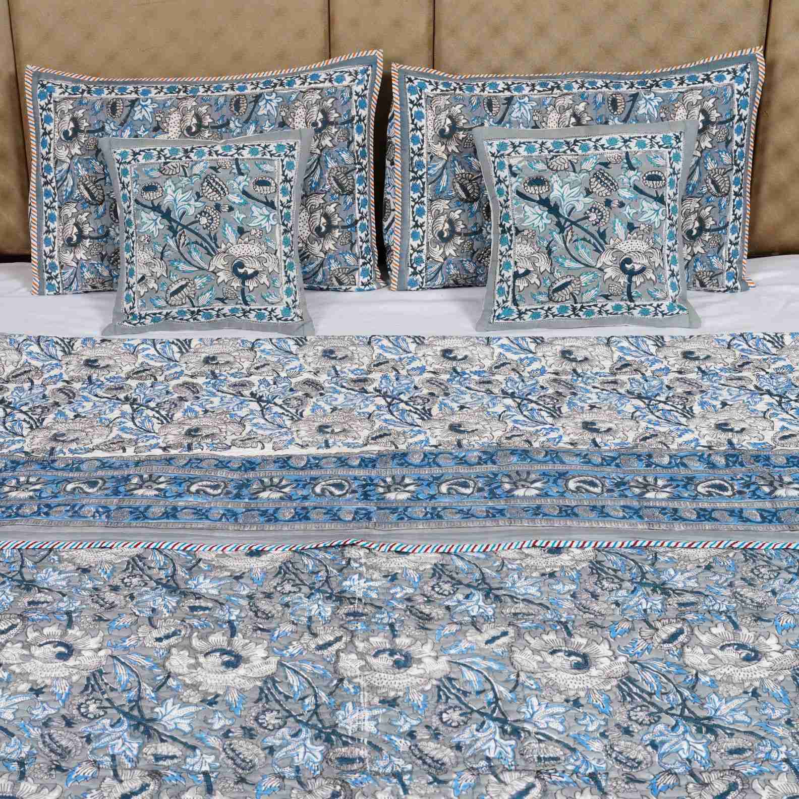 Blue Grey Kashyab Hand Block Print Reversible Quilted Bedcover