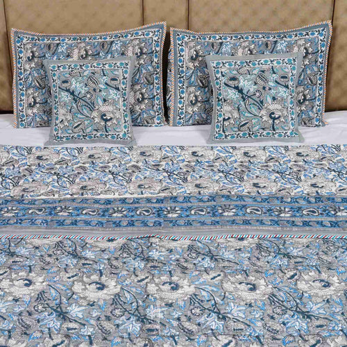 Blue Grey Kashyab Hand Block Print Reversible Quilted Bedcover