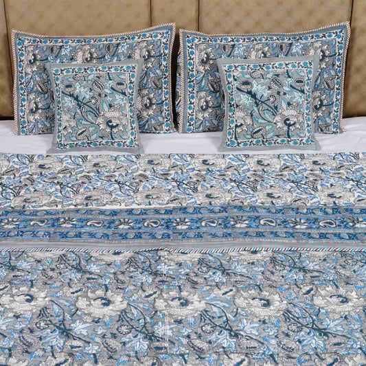 Blue Grey Kashyab Hand Block Print Reversible Quilted Bedcover