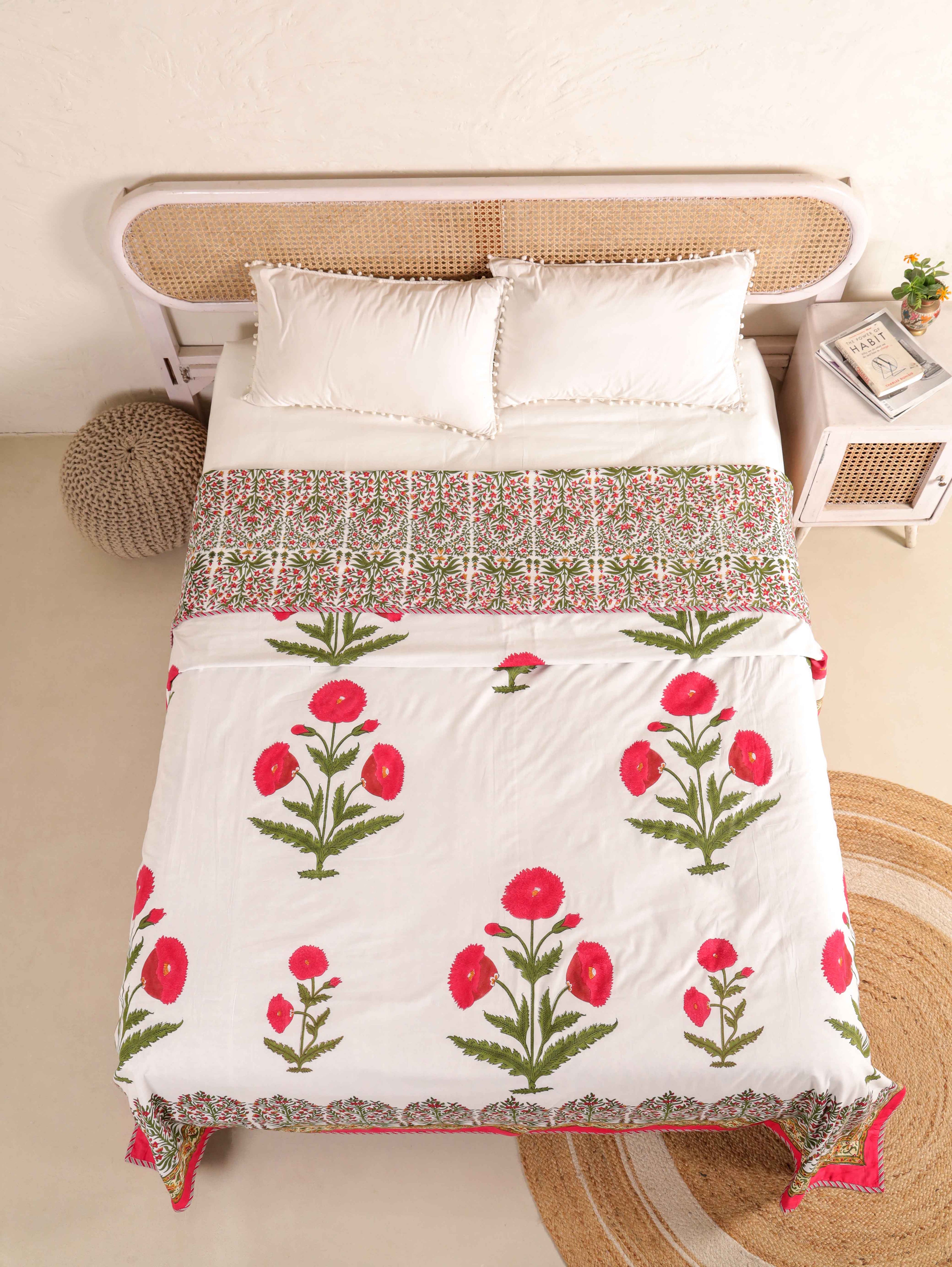 ROYAL RED POPPY HAND BLOCK PRINT REVERSIBLE COTTON DOHARS