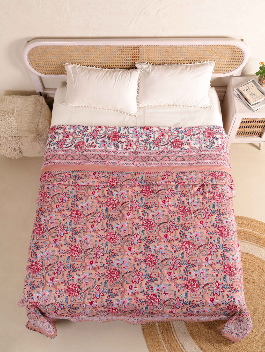 PEONY BLOOM MEHRAB HAND BLOCK PRINT REVERSIBLE COTTON DOHARS