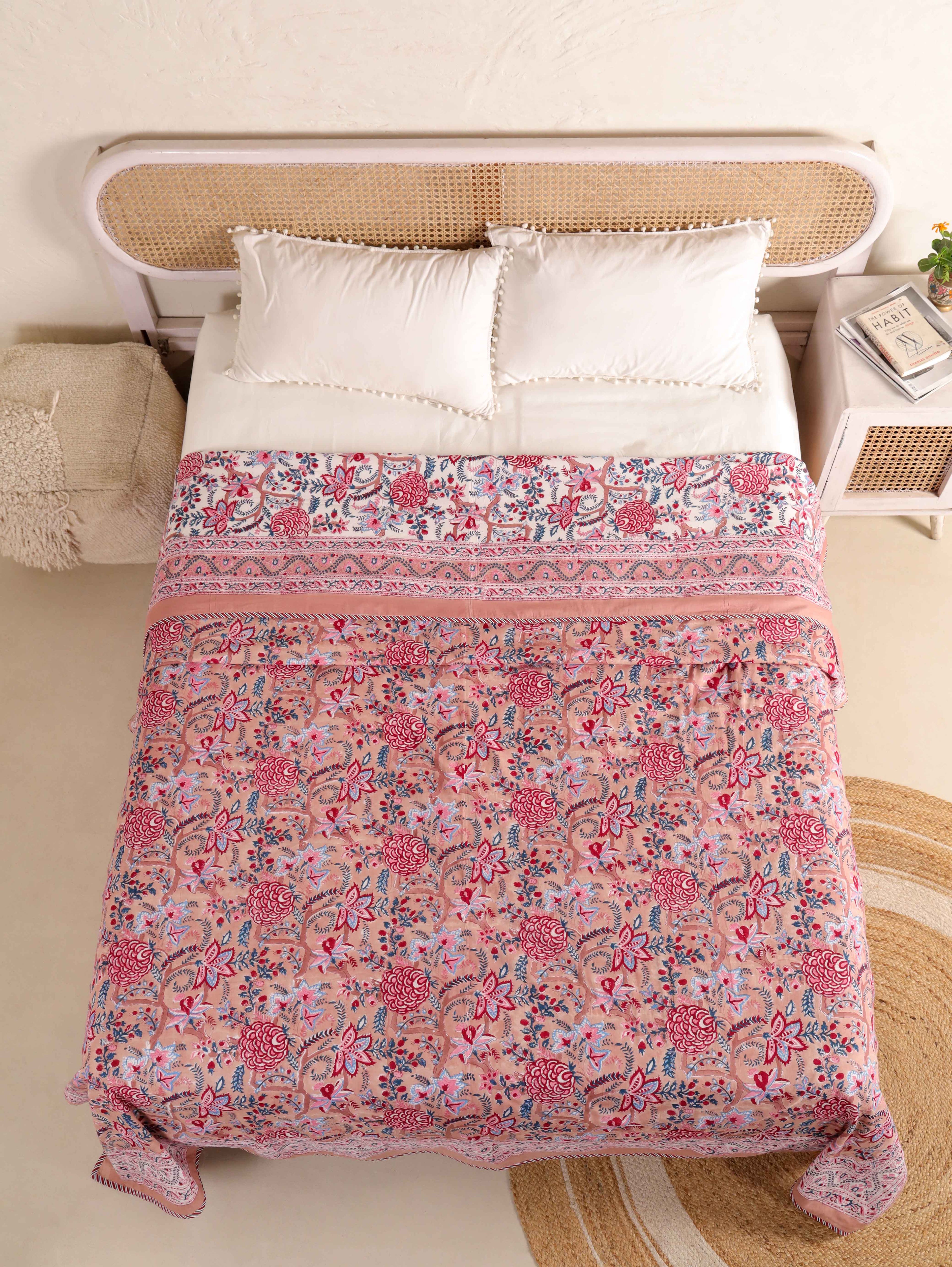PEONY BLOOM MEHRAB HAND BLOCK PRINT REVERSIBLE COTTON DOHARS
