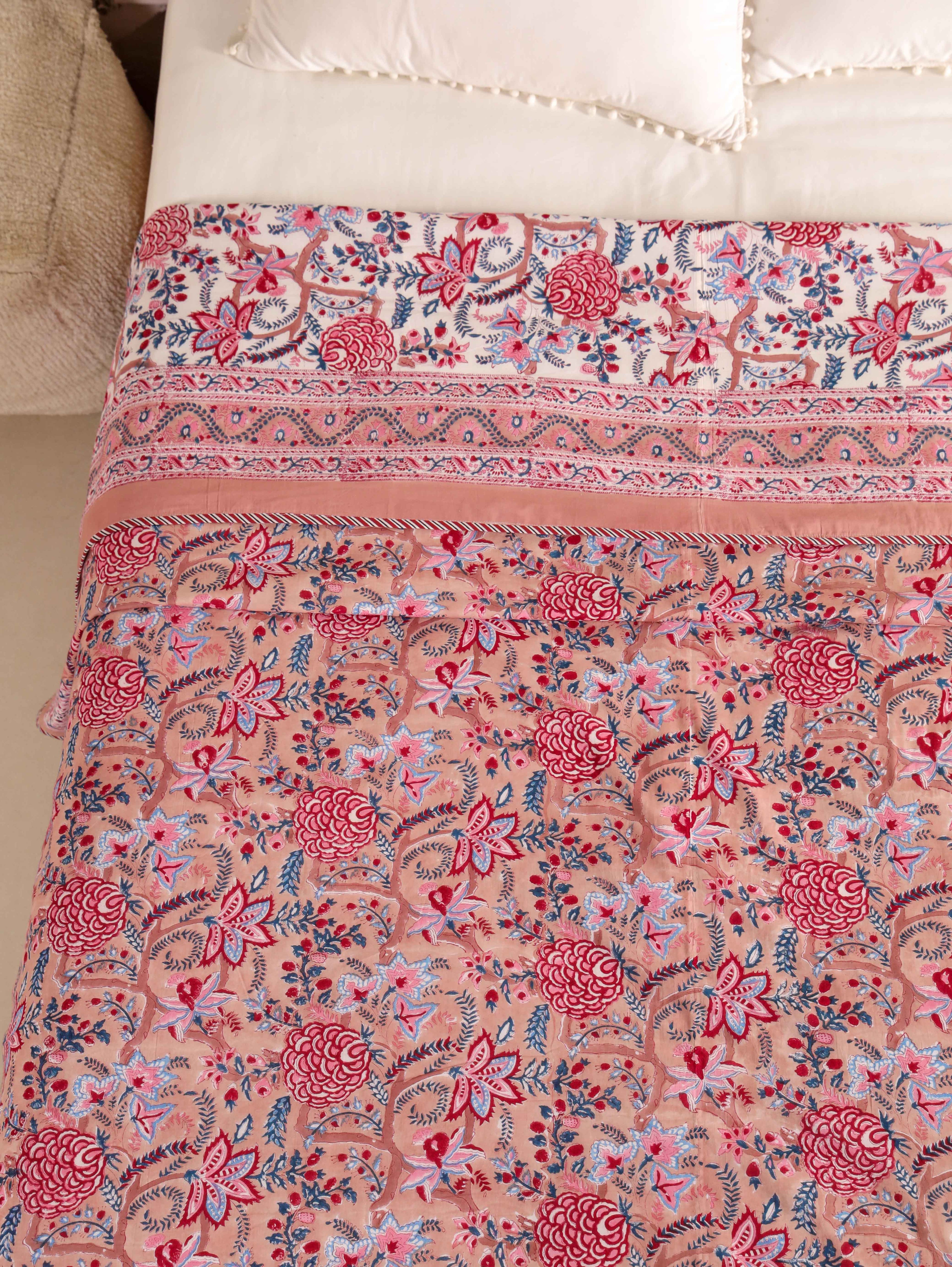 PEONY BLOOM MEHRAB HAND BLOCK PRINT REVERSIBLE COTTON DOHARS