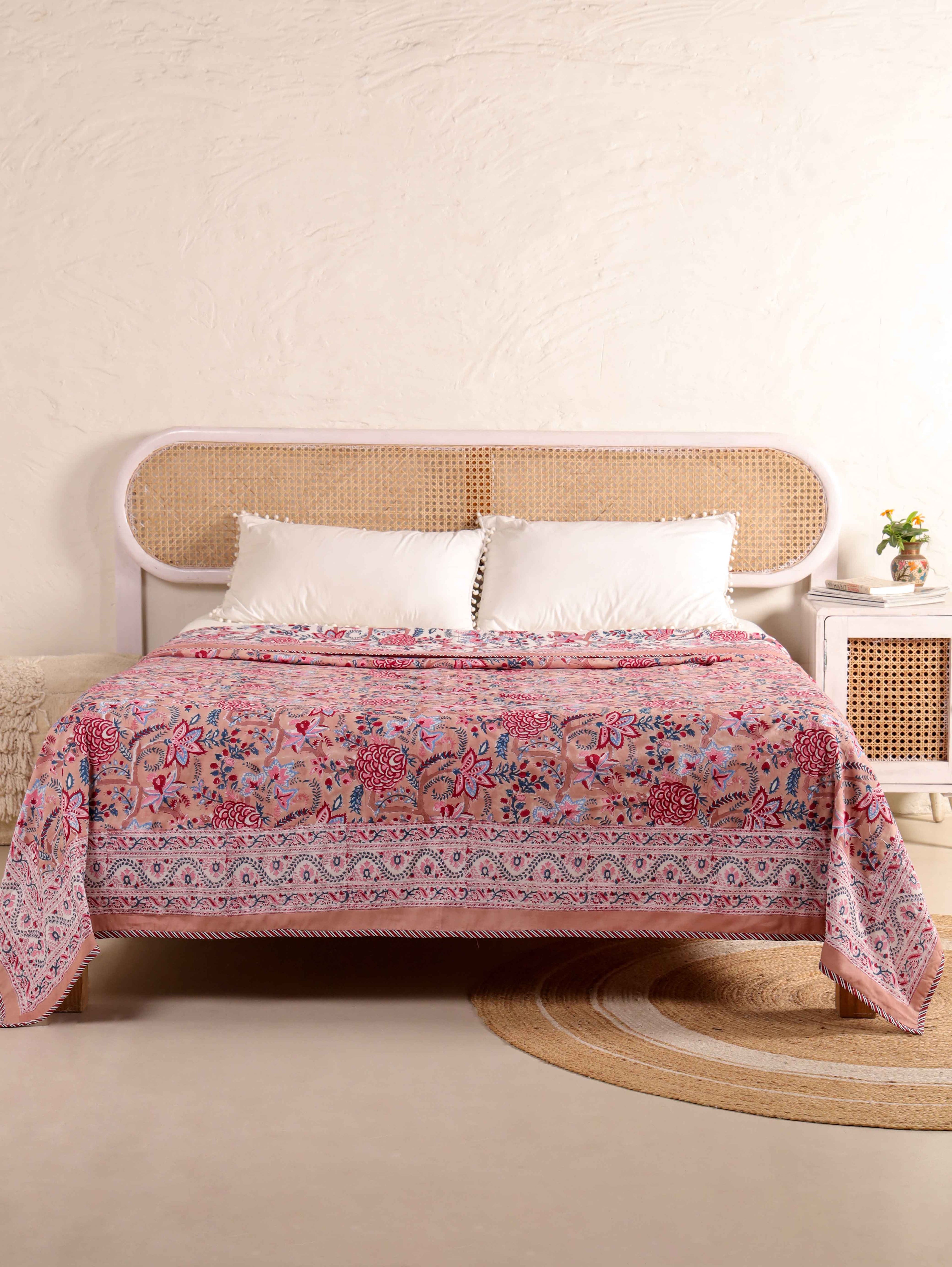 PEONY BLOOM MEHRAB HAND BLOCK PRINT REVERSIBLE COTTON DOHARS