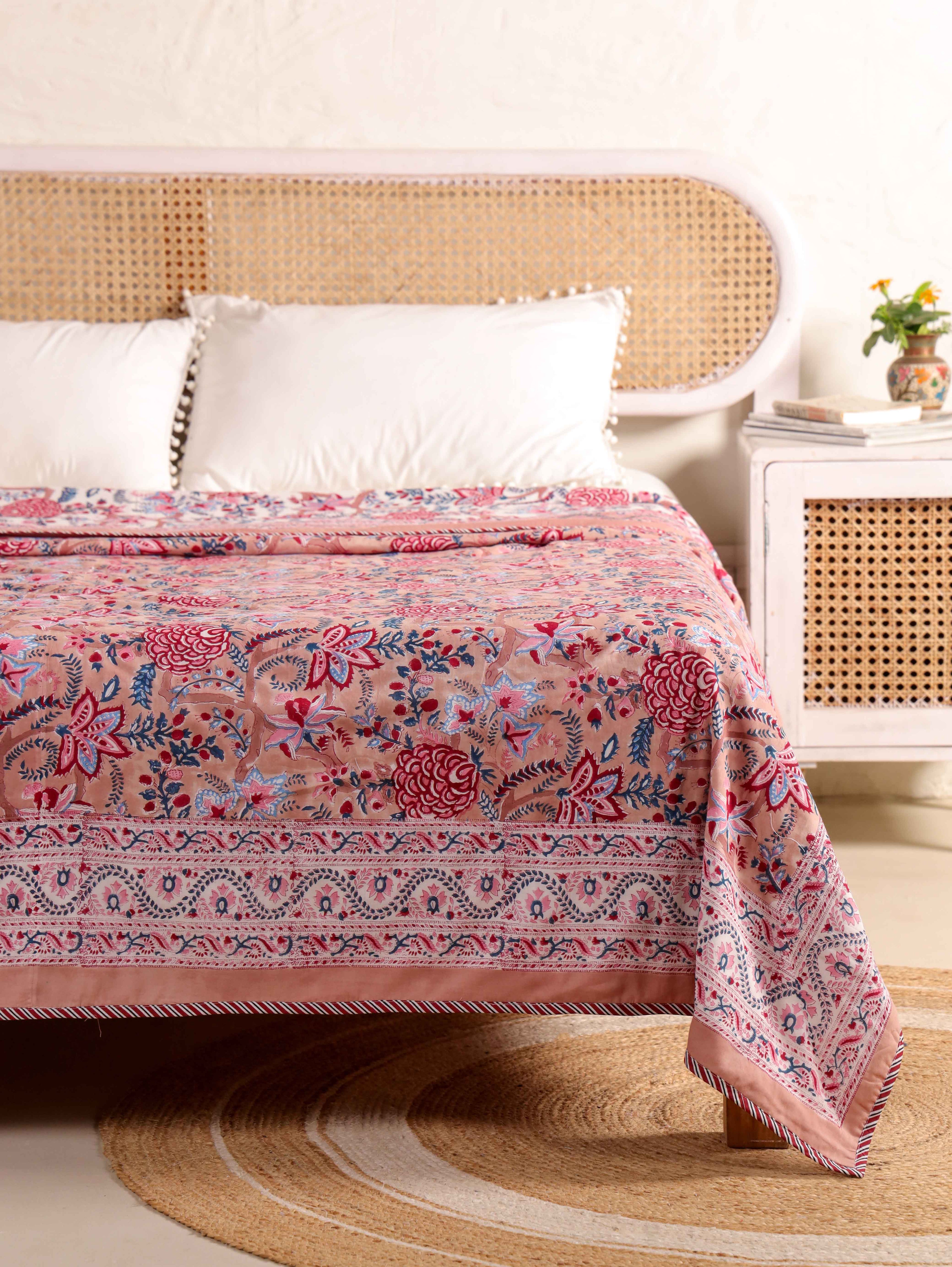 PEONY BLOOM MEHRAB HAND BLOCK PRINT REVERSIBLE COTTON DOHARS