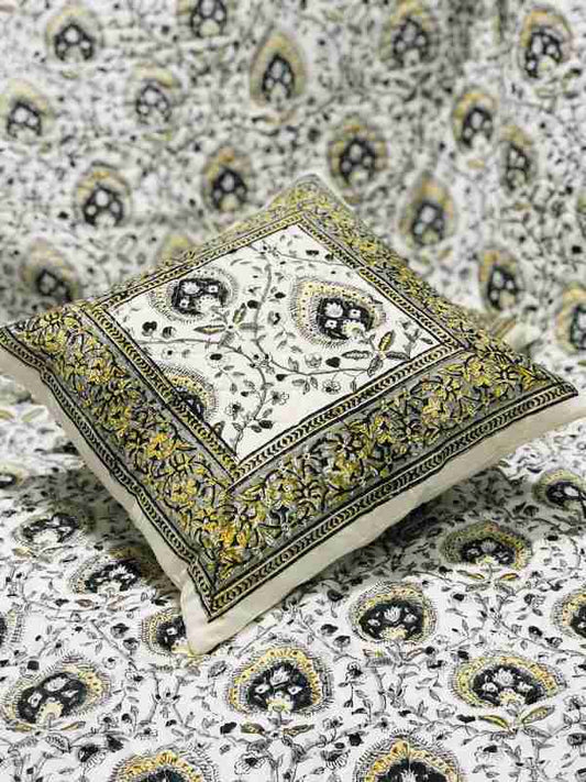 Amer Black & Golden Jaipuri Hand Block Print Quilted Cushion Cover
