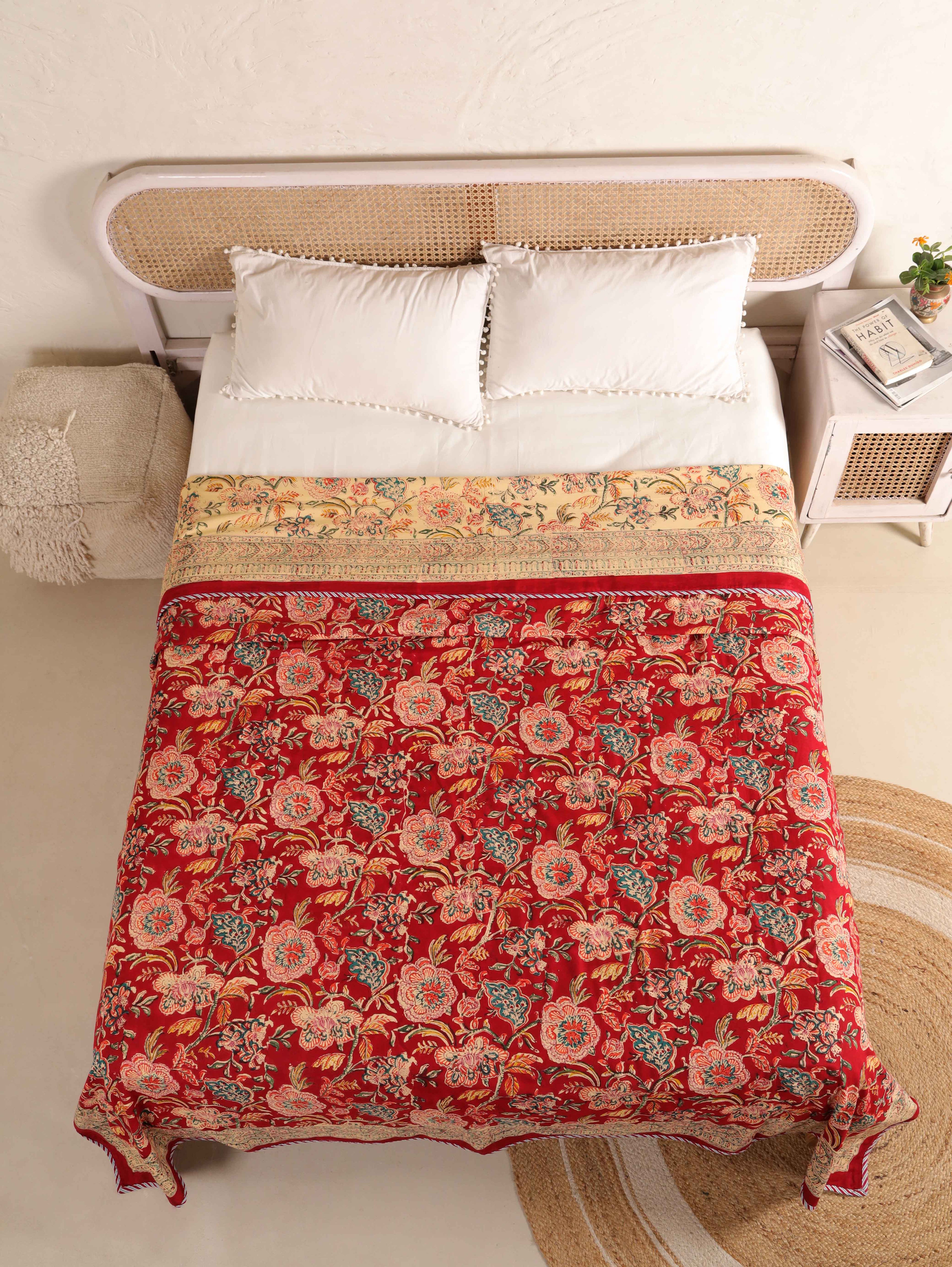 ROYAL RED RETNA FLORAL HAND BLOCK PRINT REVERSIBLE COTTON DOHAR