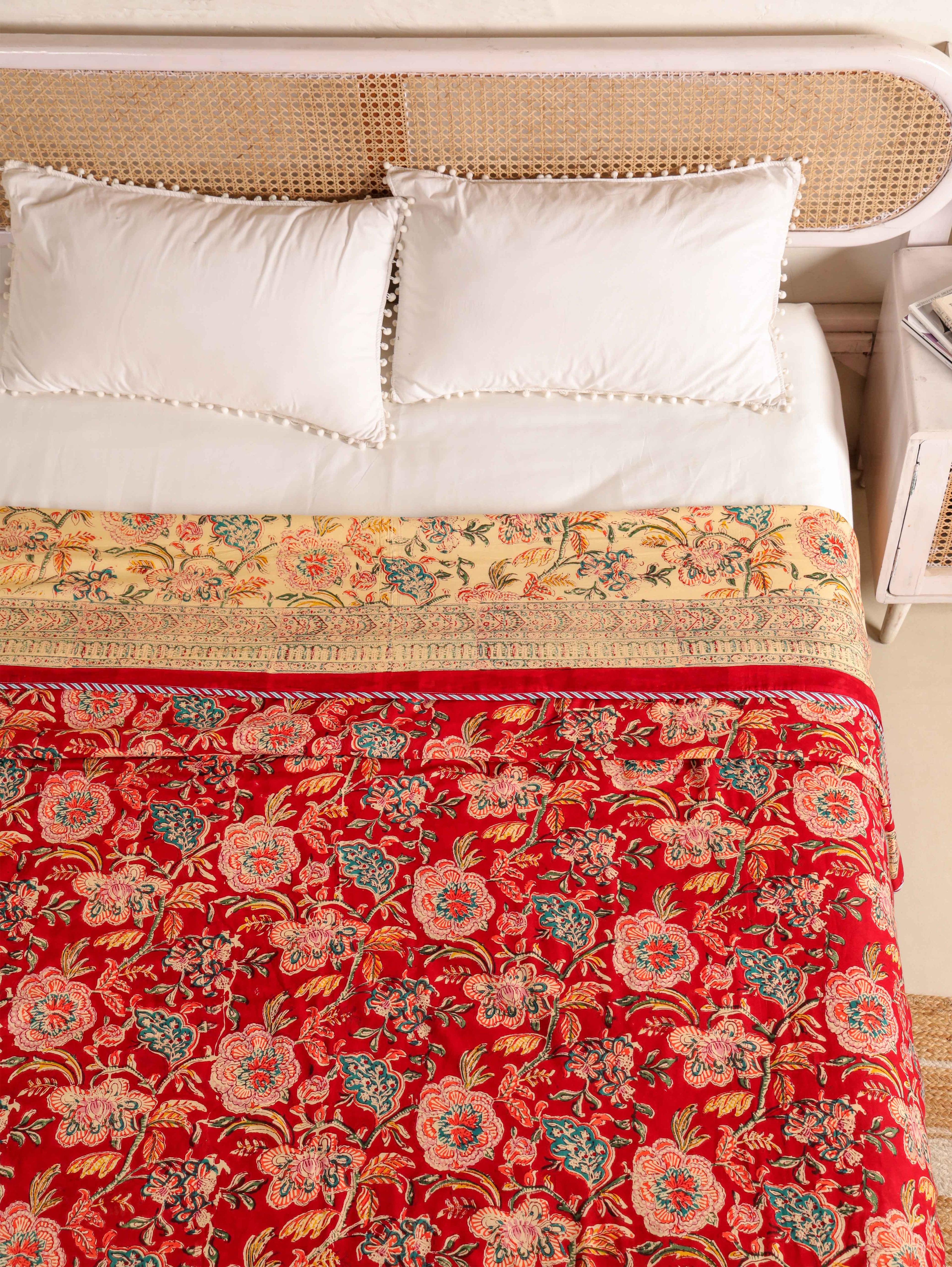 ROYAL RED RETNA FLORAL HAND BLOCK PRINT REVERSIBLE COTTON DOHAR