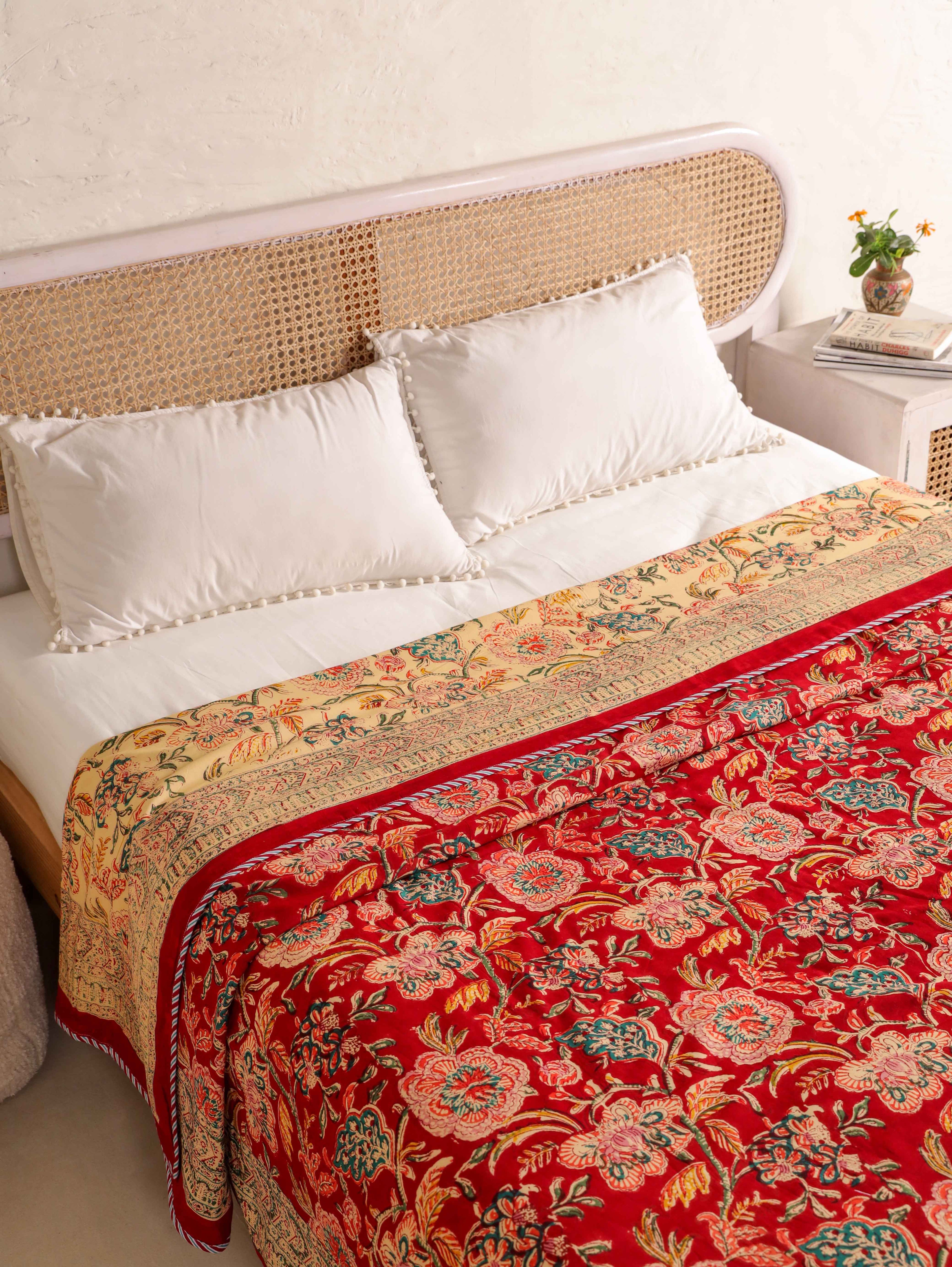 ROYAL RED RETNA FLORAL HAND BLOCK PRINT REVERSIBLE COTTON DOHAR