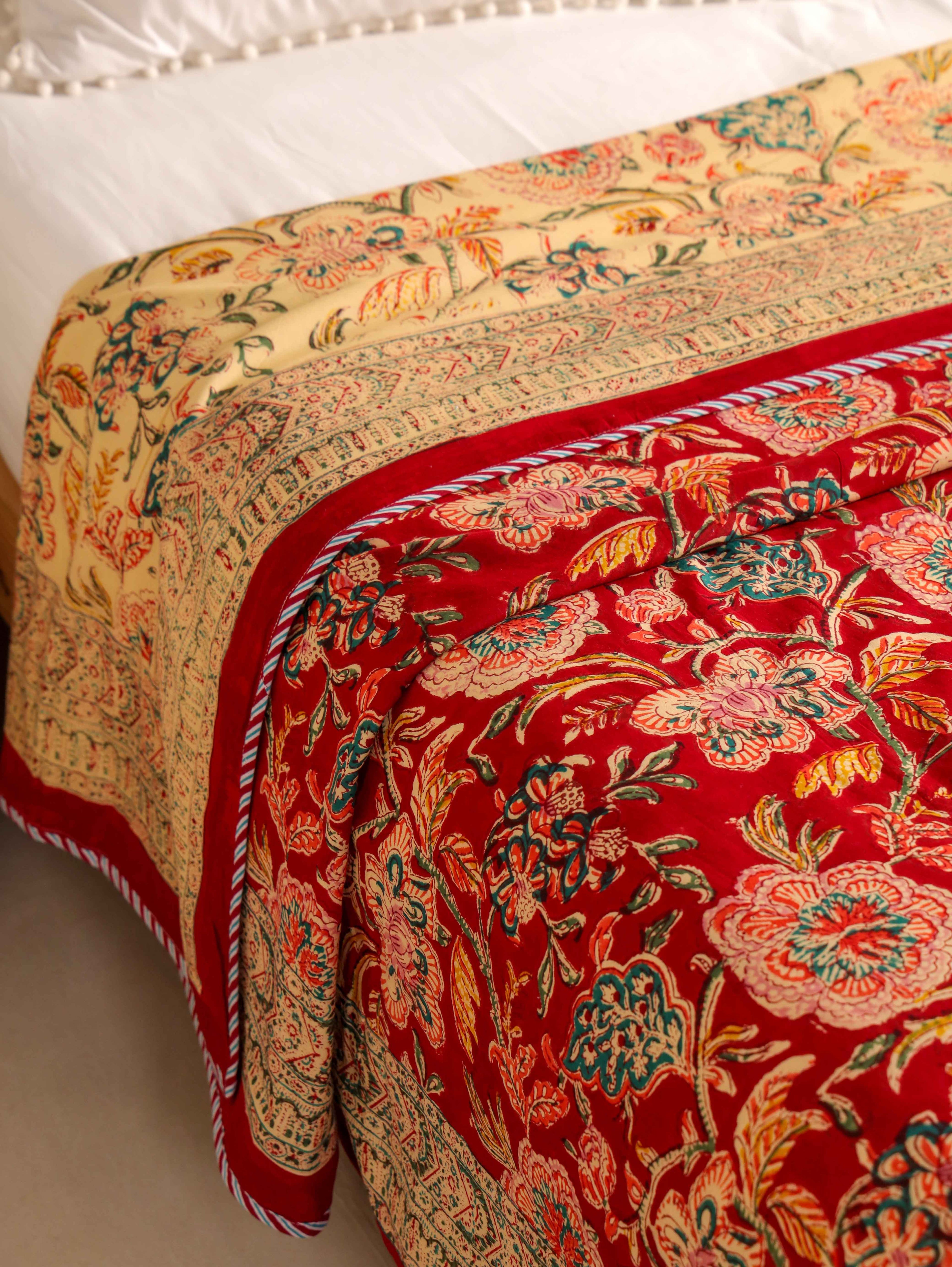 ROYAL RED RETNA FLORAL HAND BLOCK PRINT REVERSIBLE COTTON DOHAR