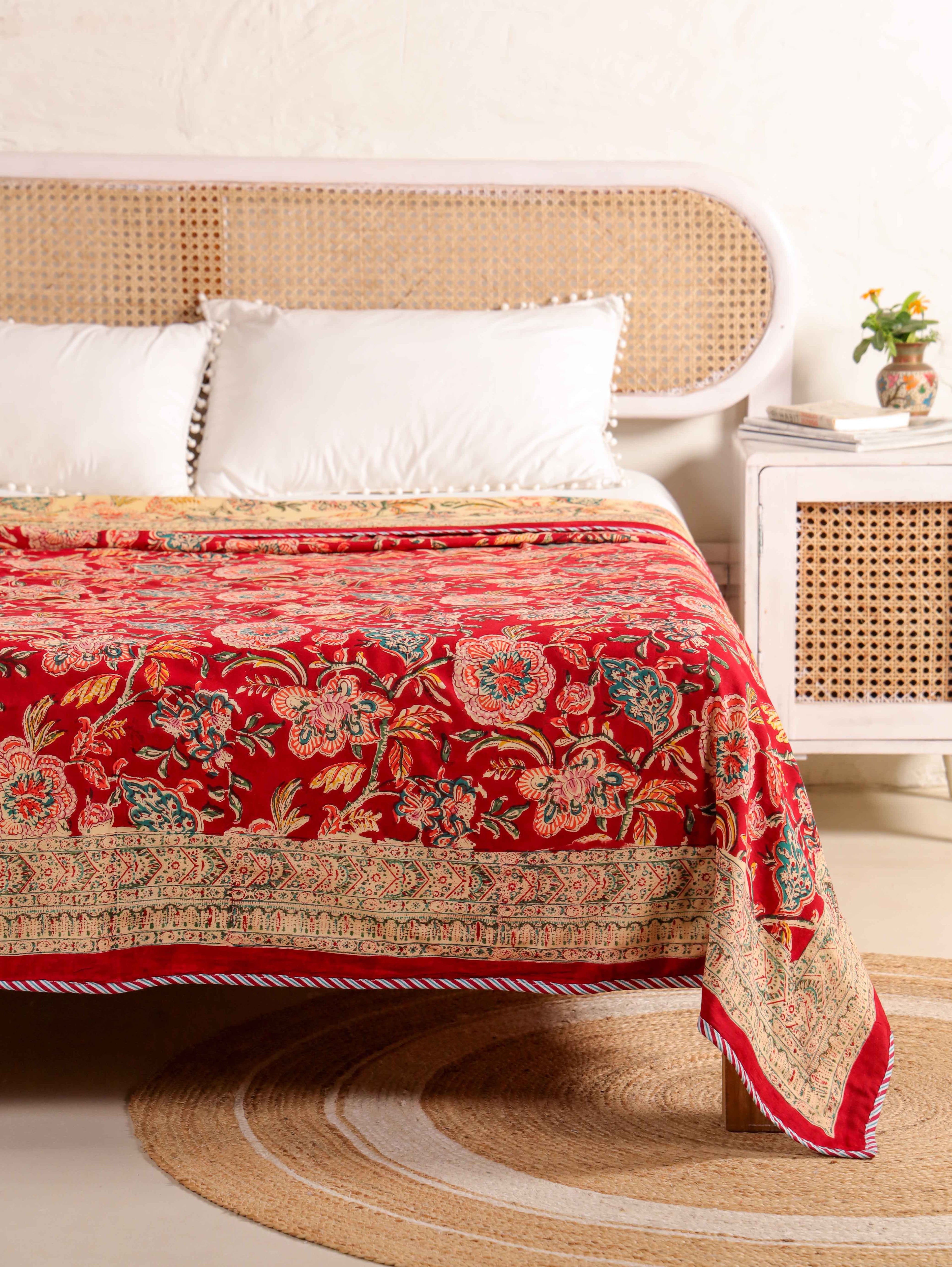 ROYAL RED RETNA FLORAL HAND BLOCK PRINT REVERSIBLE COTTON DOHAR