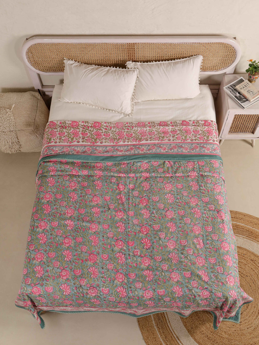 GREEN GULAB BAGHEECHA HAND BLOCK PRINT REVERSIBLE COTTON DOHARS