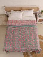 GREEN GULAB BAGHEECHA HAND BLOCK PRINT REVERSIBLE COTTON DOHARS