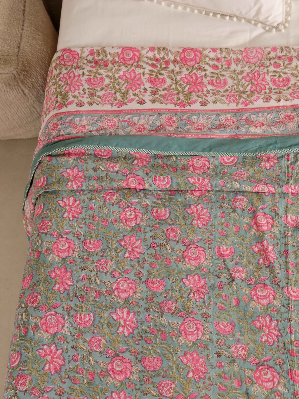 GREEN GULAB BAGHEECHA HAND BLOCK PRINT REVERSIBLE COTTON DOHARS