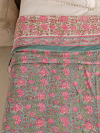 GREEN GULAB BAGHEECHA HAND BLOCK PRINT REVERSIBLE COTTON DOHARS