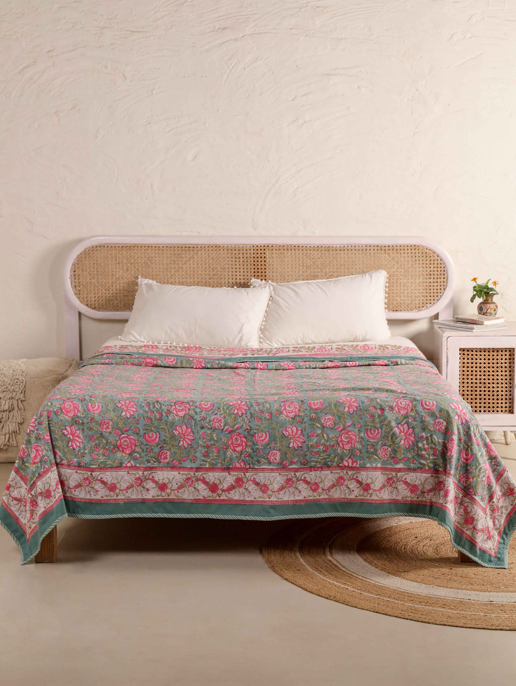 GREEN GULAB BAGHEECHA HAND BLOCK PRINT REVERSIBLE COTTON DOHARS