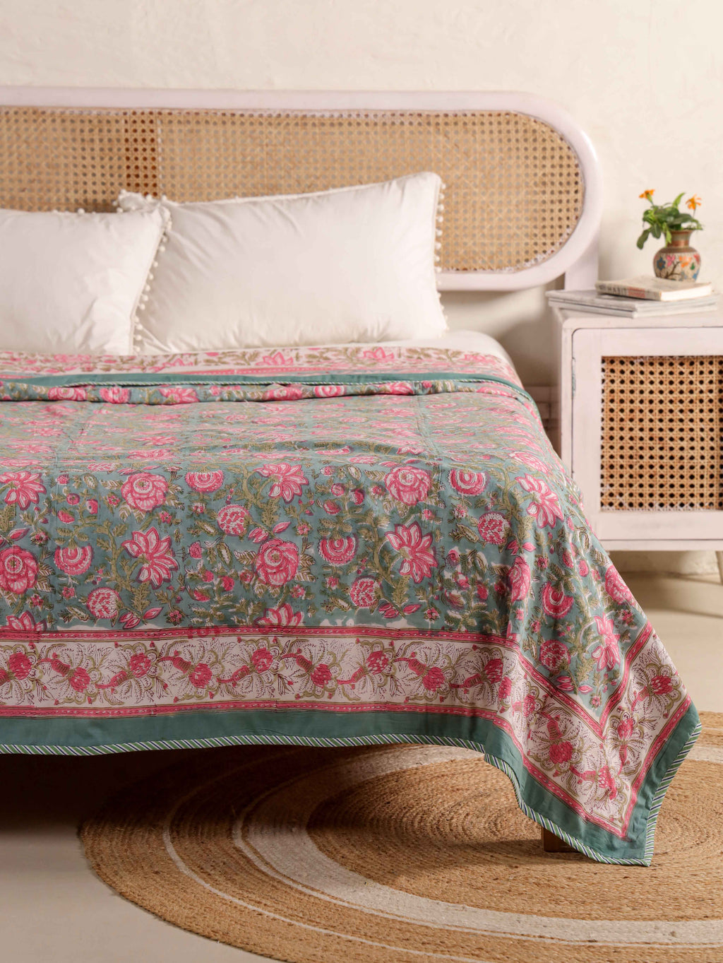 GREEN GULAB BAGHEECHA HAND BLOCK PRINT REVERSIBLE COTTON DOHARS