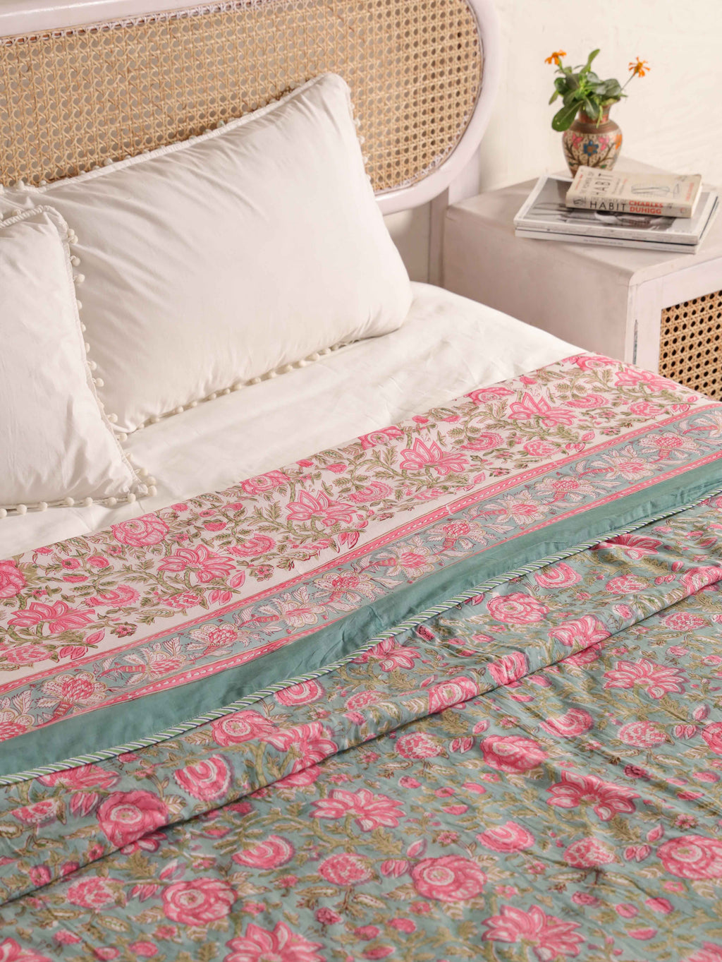 GREEN GULAB BAGHEECHA HAND BLOCK PRINT REVERSIBLE COTTON DOHARS