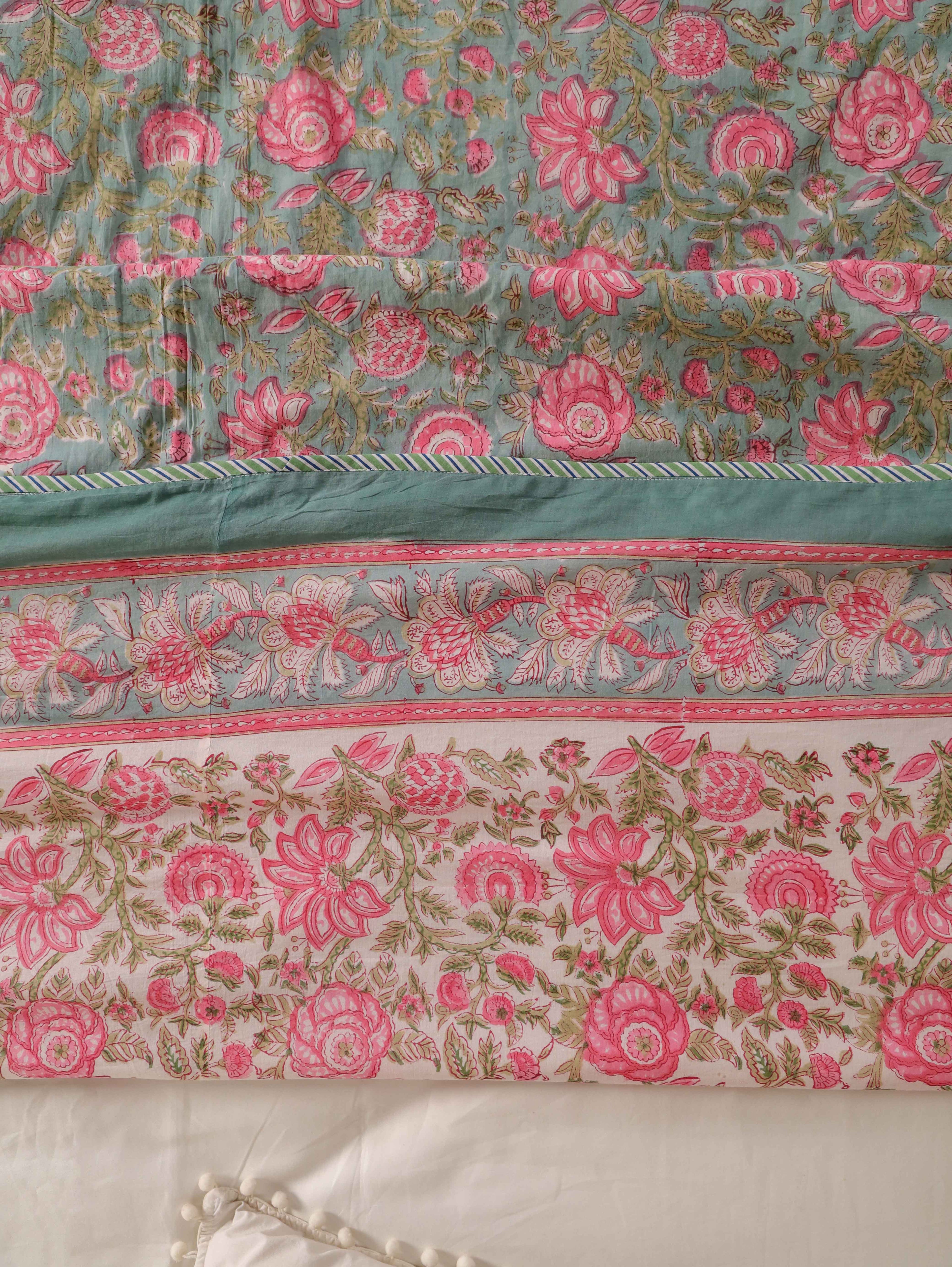 GREEN GULAB BAGHEECHA HAND BLOCK PRINT REVERSIBLE COTTON DOHARS