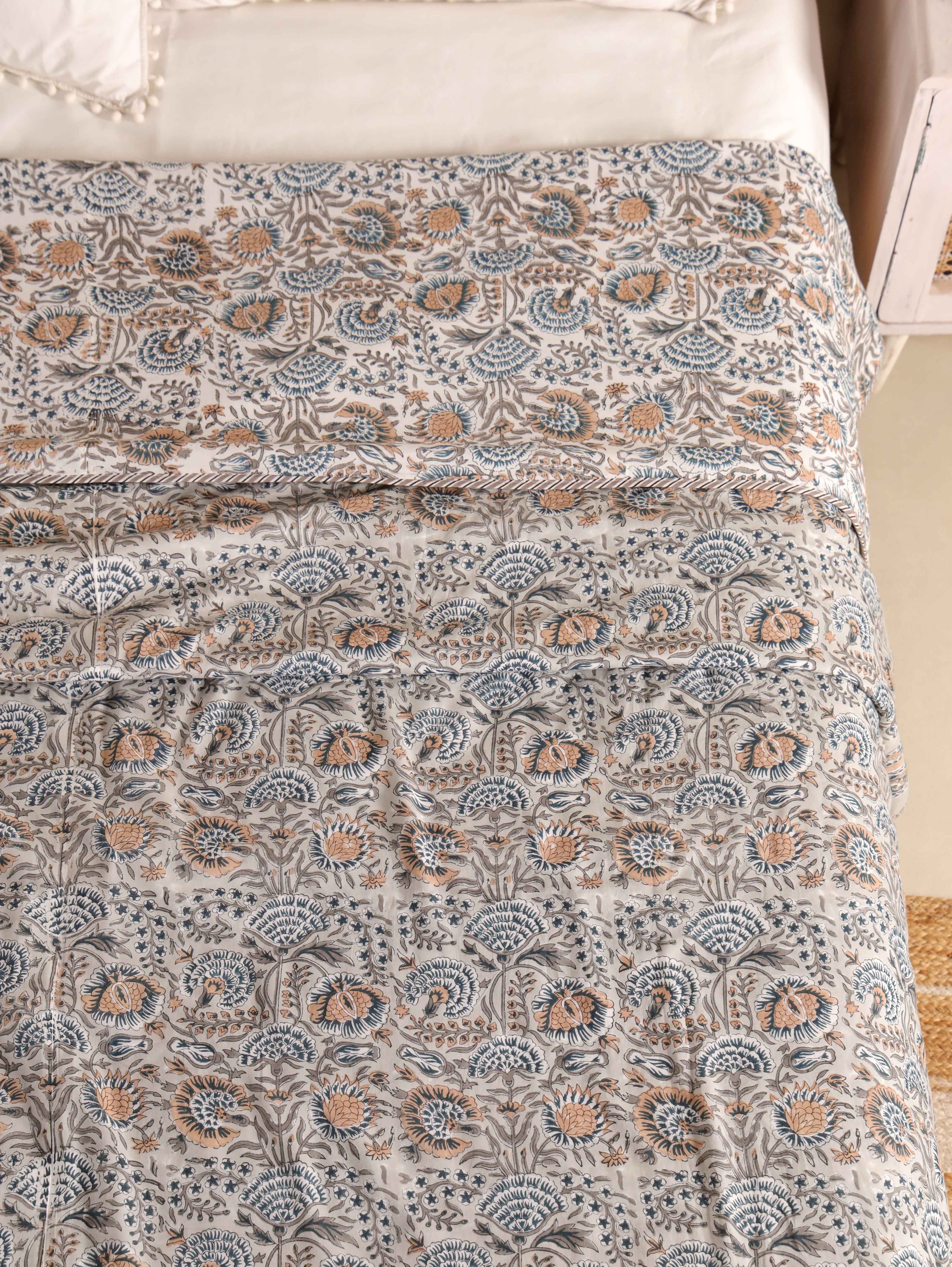 THE DARK GREY KASHYAB HAND BLOCK PRINT REVERSIBLE COTTON DOHARS