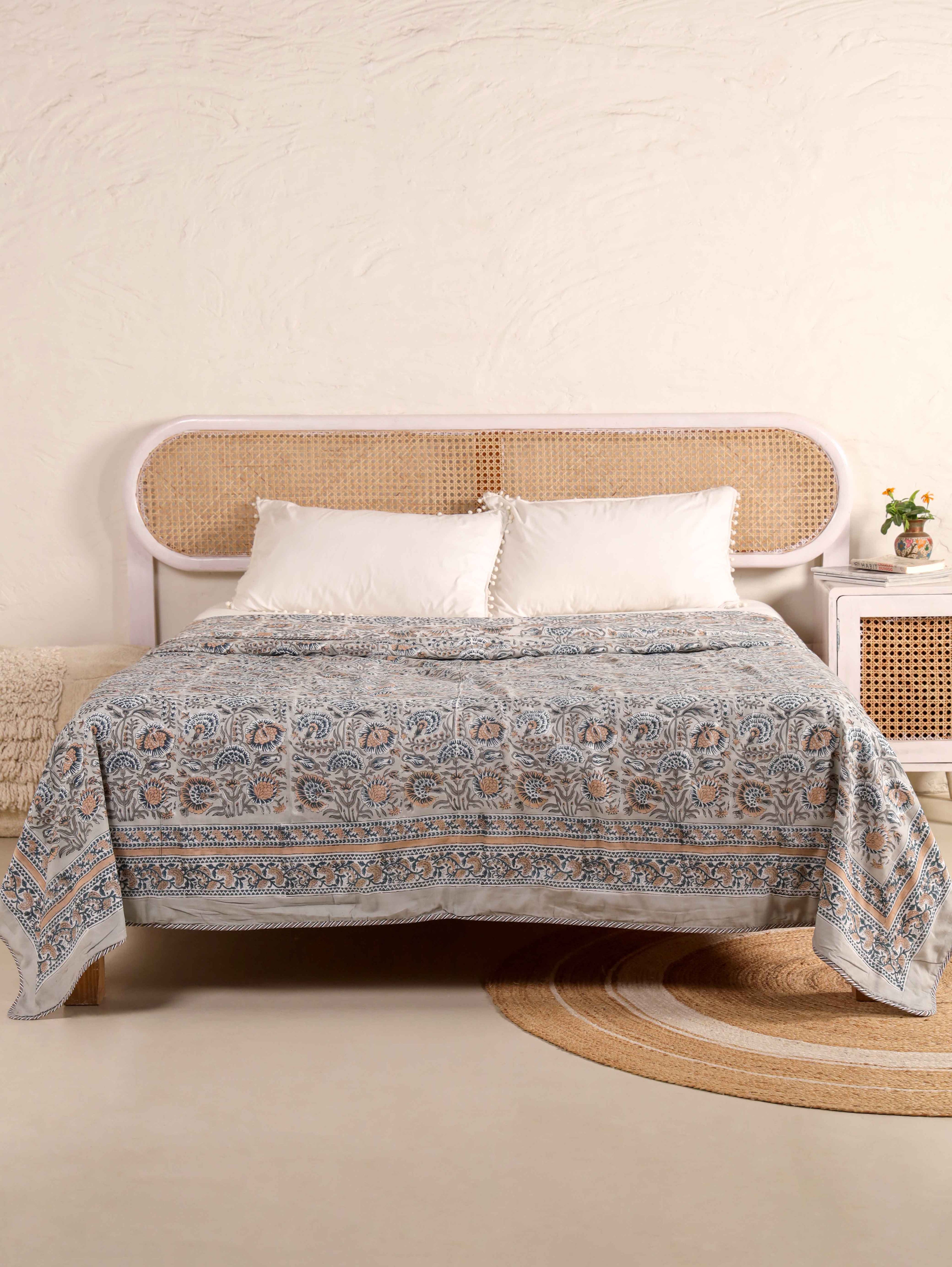 THE DARK GREY KASHYAB HAND BLOCK PRINT REVERSIBLE COTTON DOHARS