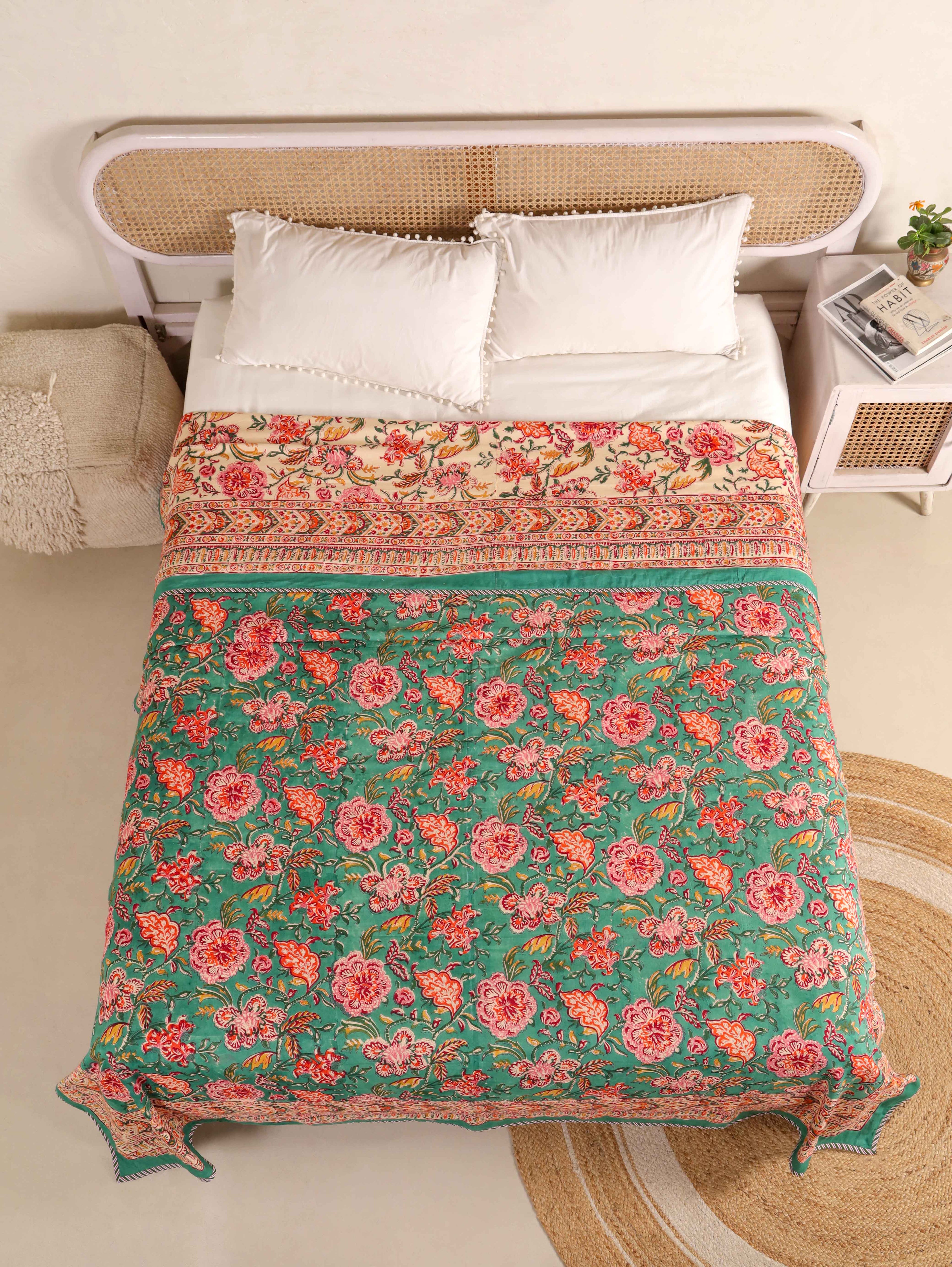 SHAHI GREEN KASHYAB HAND BLOCK PRINT REVERSIBLE COTTON DOHARS