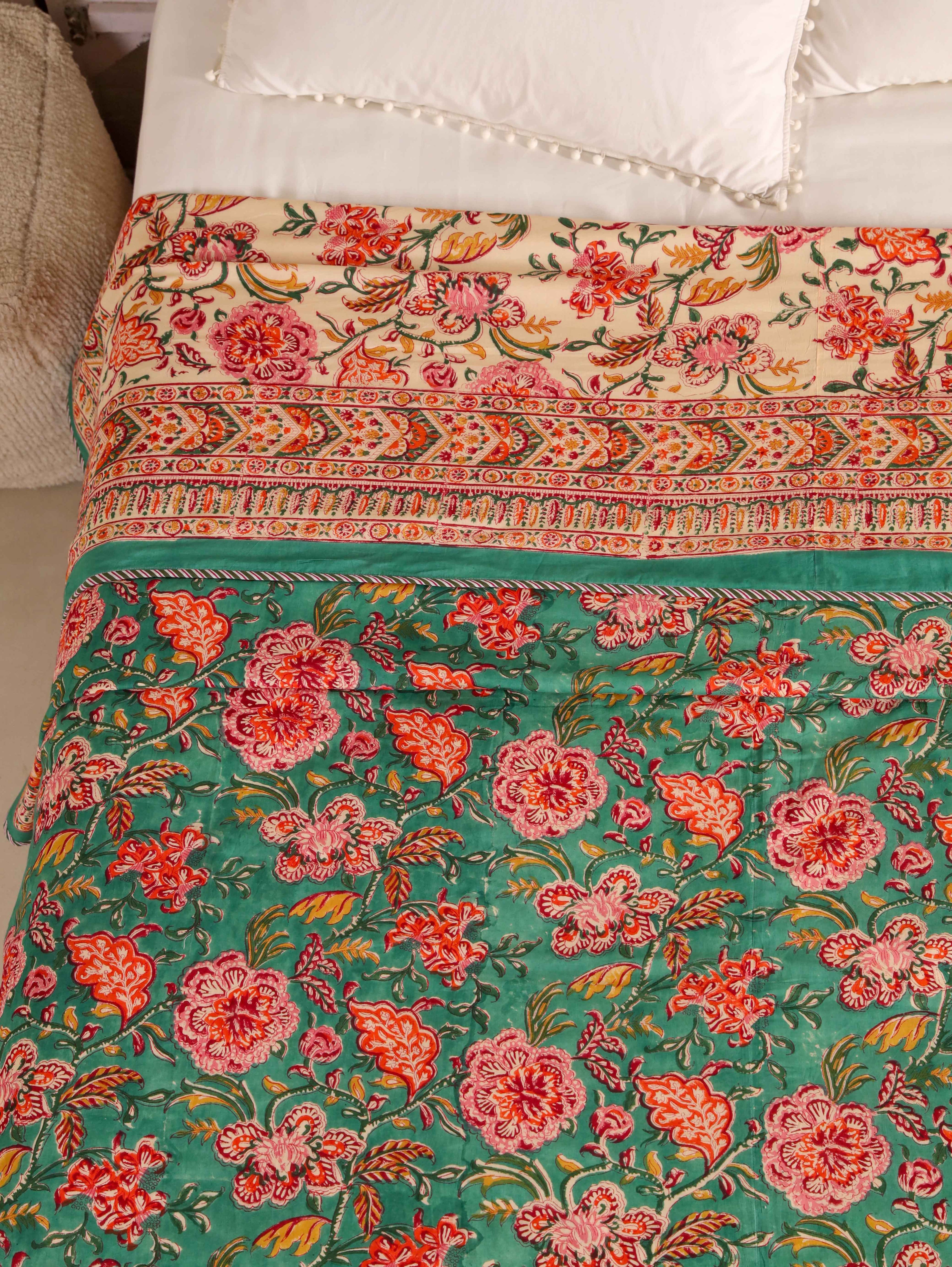 SHAHI GREEN KASHYAB HAND BLOCK PRINT REVERSIBLE COTTON DOHARS