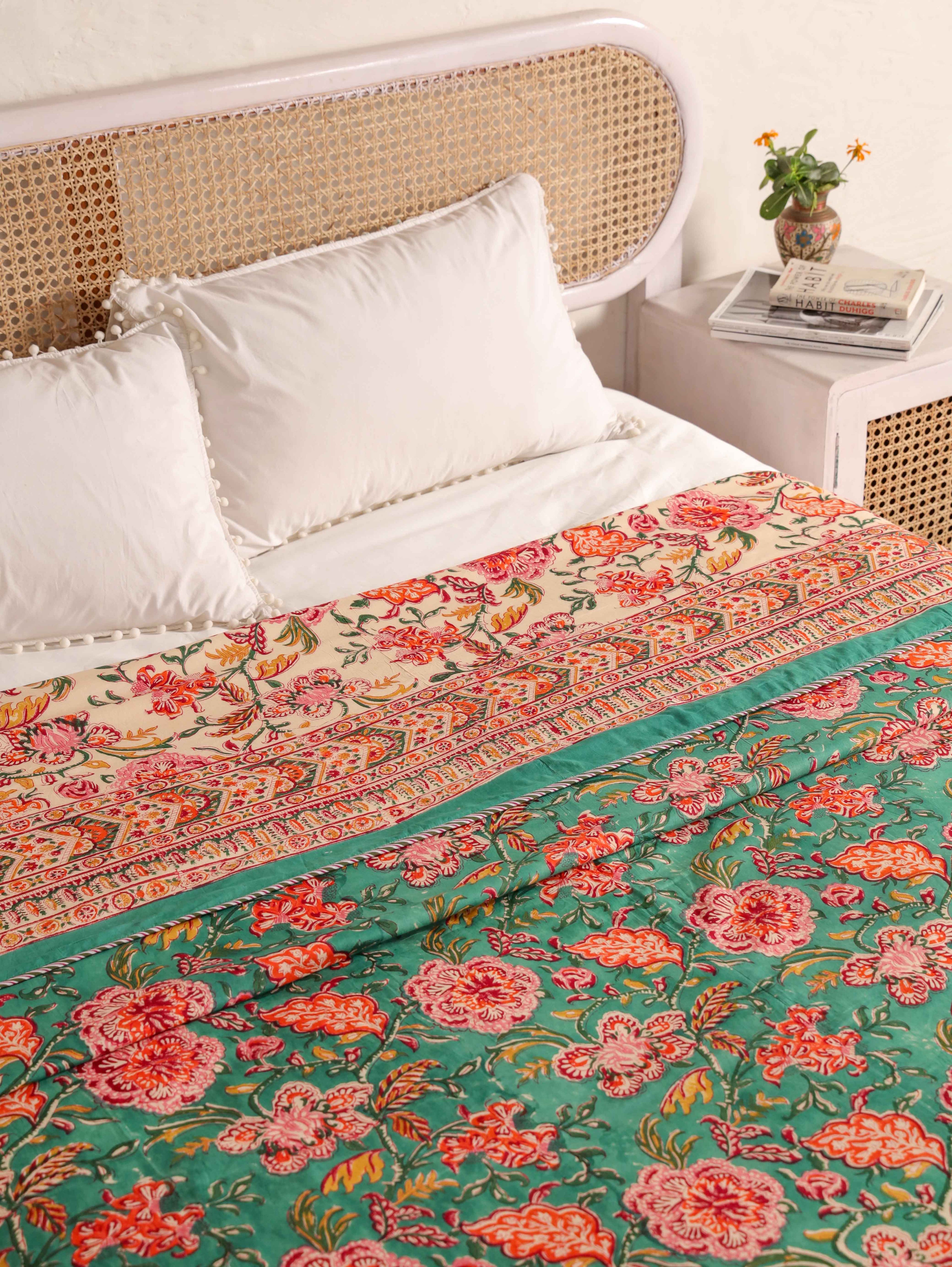 SHAHI GREEN KASHYAB HAND BLOCK PRINT REVERSIBLE COTTON DOHARS