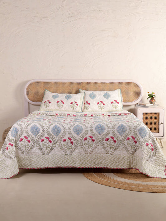 Jaipuri Hand Block Quilted Bedcover Set (with Pillow Covers)