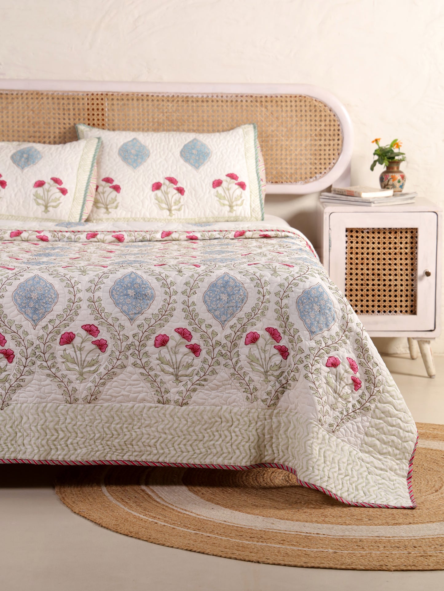 Jaipuri Hand Block Quilted Bedcover Set (with Pillow Covers)