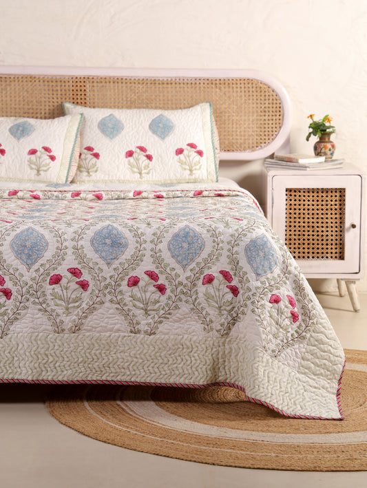 Jaipuri Hand Block Quilted Bedcover Set (with Pillow Covers)