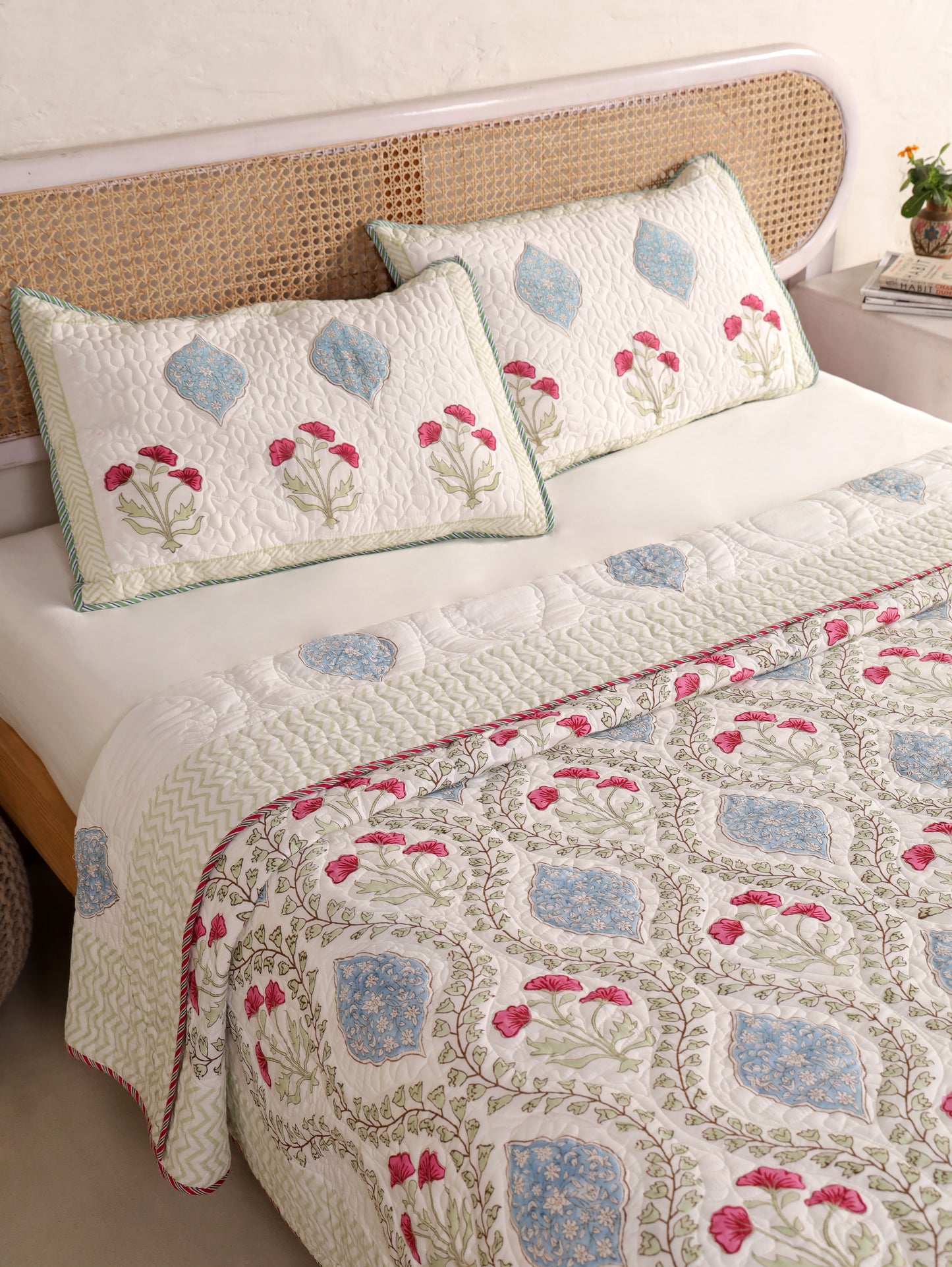 Jaipuri Hand Block Quilted Bedcover Set (with Pillow Covers)