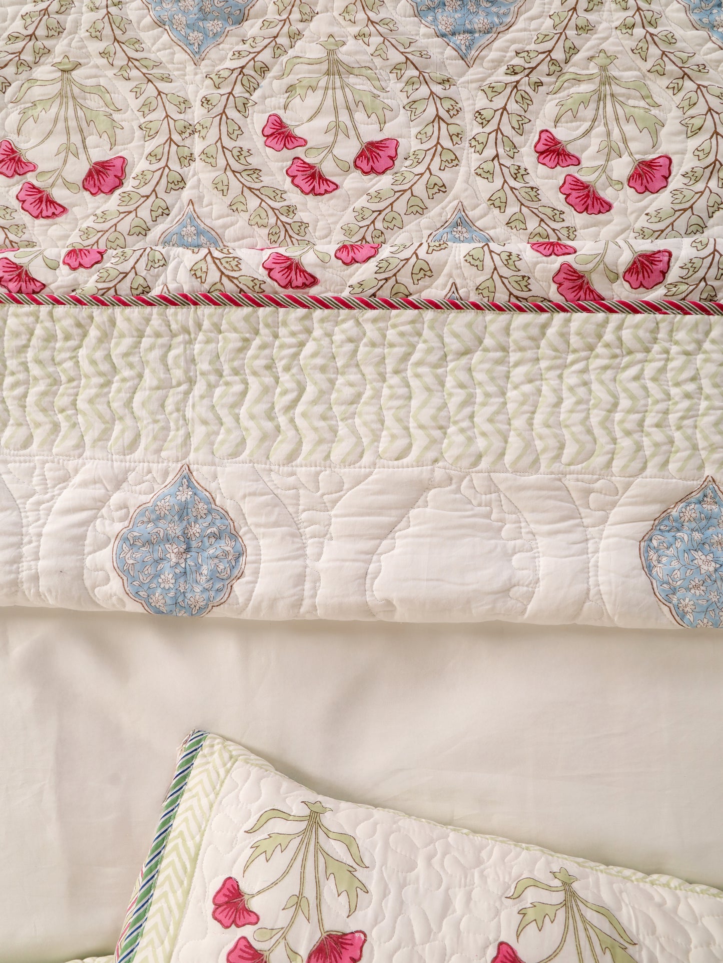 Jaipuri Hand Block Quilted Bedcover Set (with Pillow Covers)