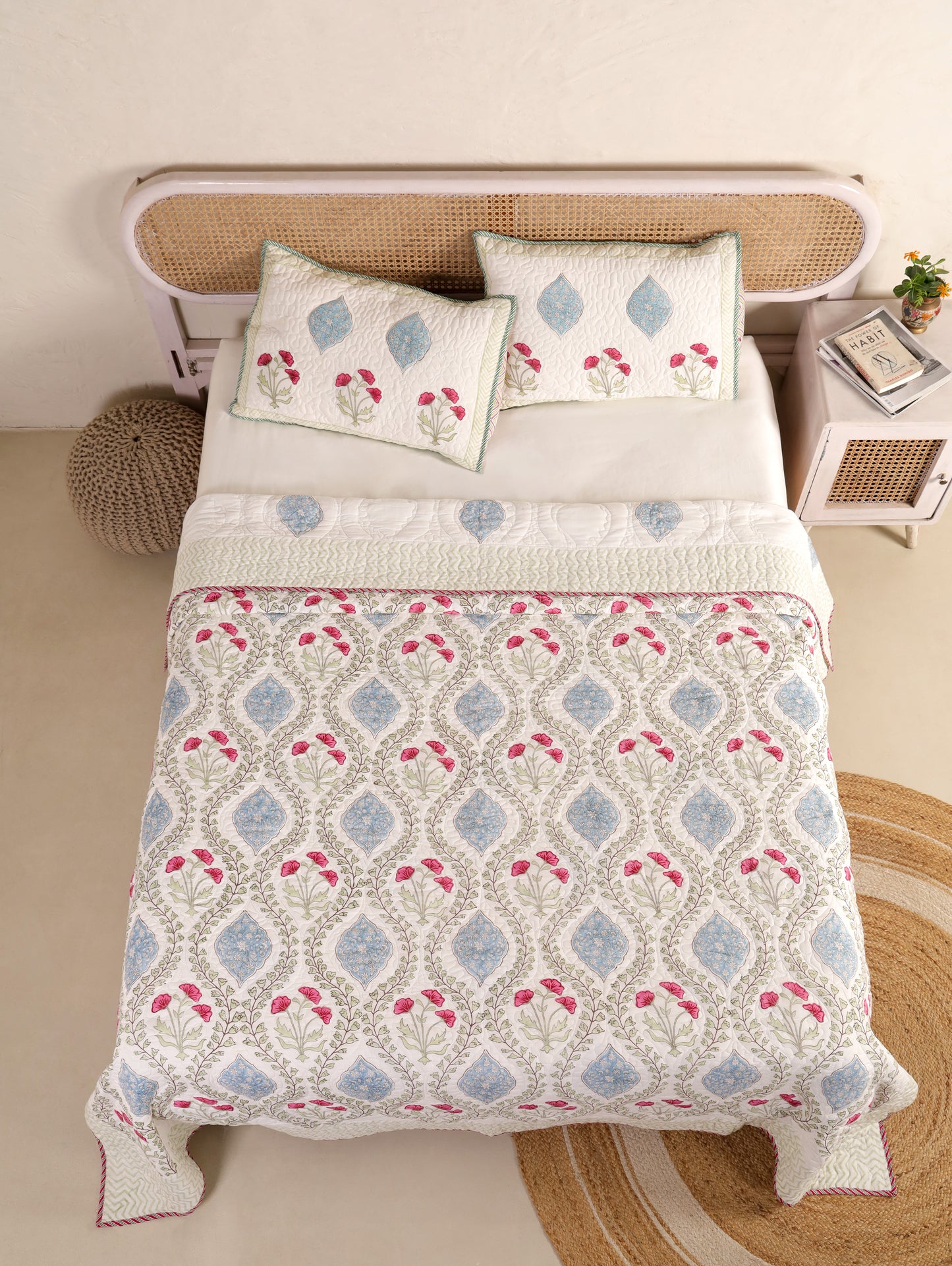 Jaipuri Hand Block Quilted Bedcover Set (with Pillow Covers)