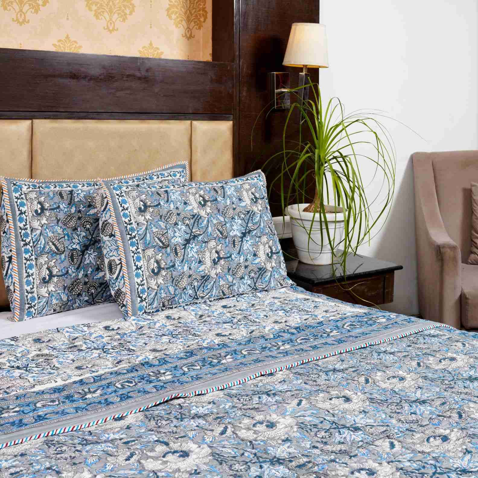 Blue Grey Kashyab Hand Block Print Reversible Quilted Bedcover