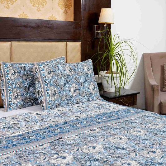 Blue Grey Kashyab Hand Block Print Reversible Quilted Bedcover