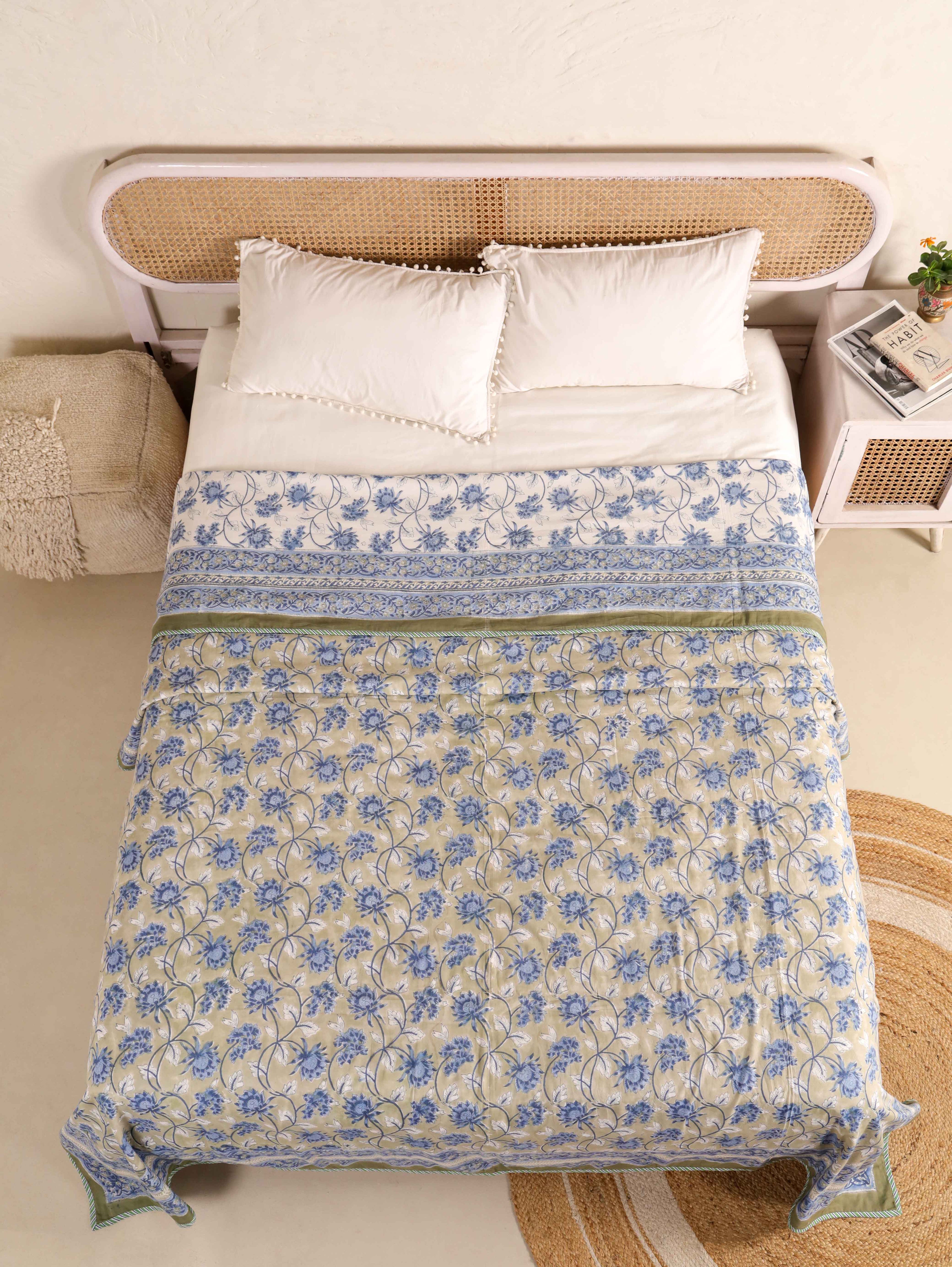 SAGA BLUE LOTUS HAND BLOCK PRINT REVERSIBLE COTTON DOHARS