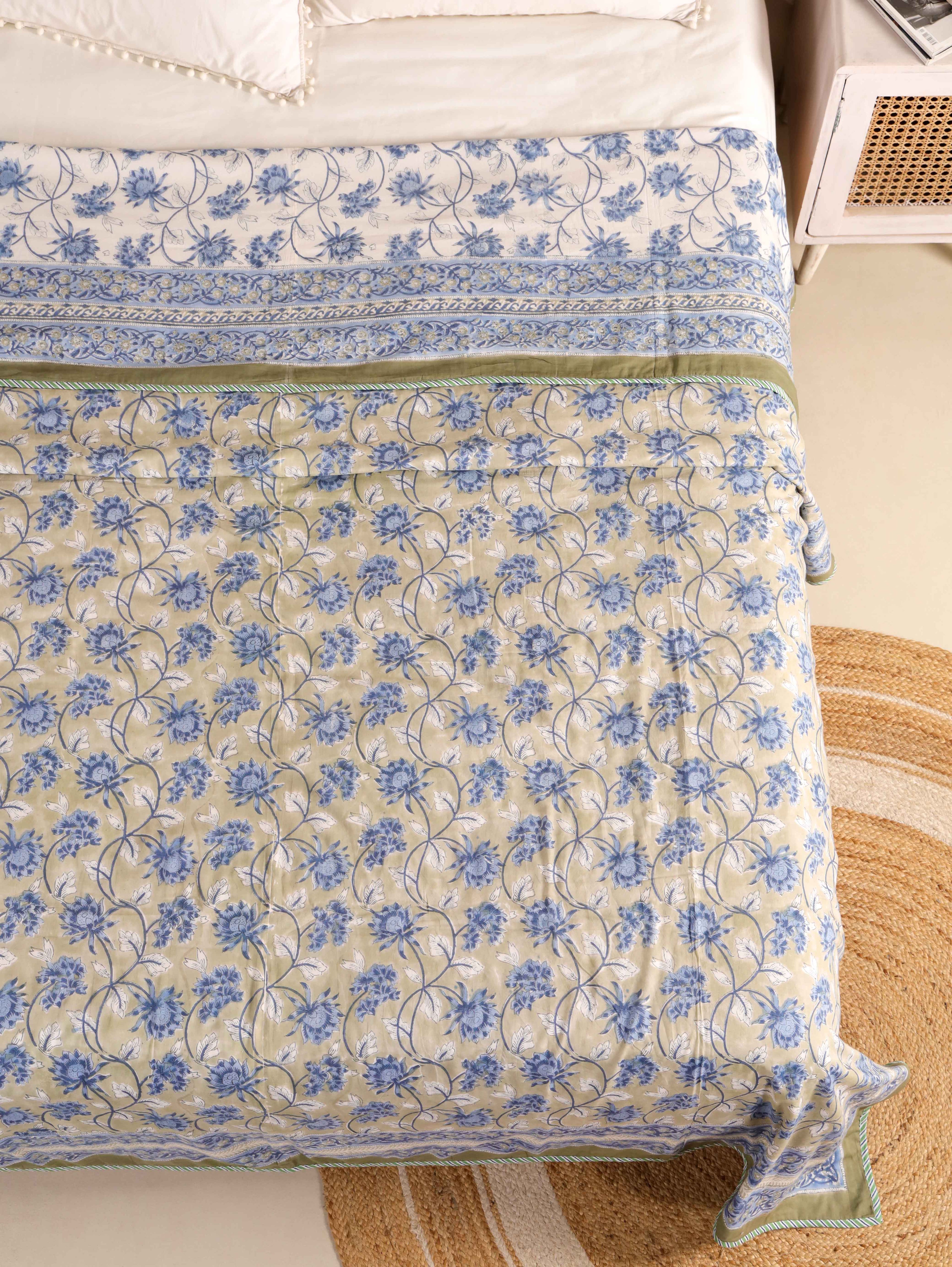 SAGA BLUE LOTUS HAND BLOCK PRINT REVERSIBLE COTTON DOHARS