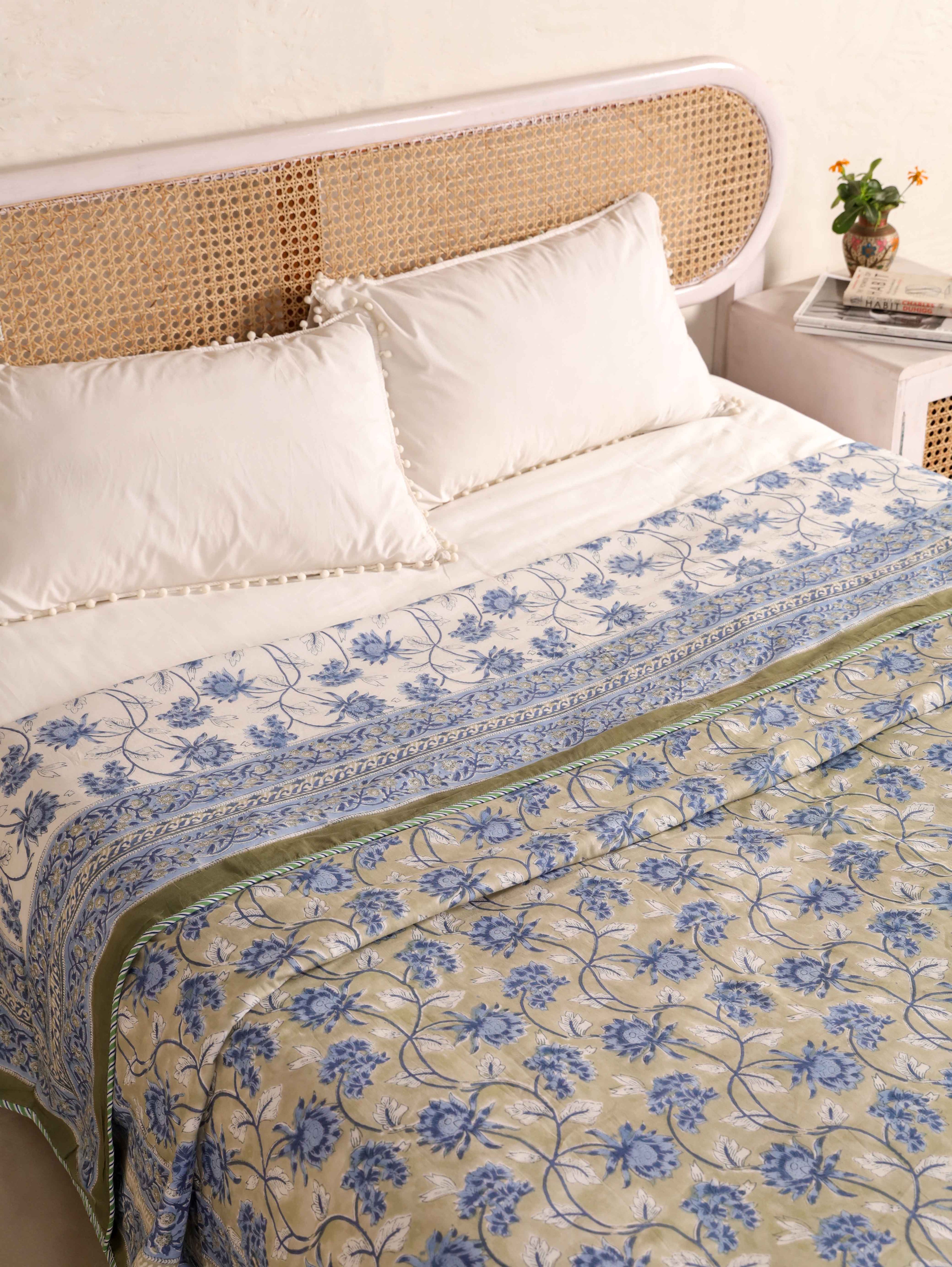SAGA BLUE LOTUS HAND BLOCK PRINT REVERSIBLE COTTON DOHARS
