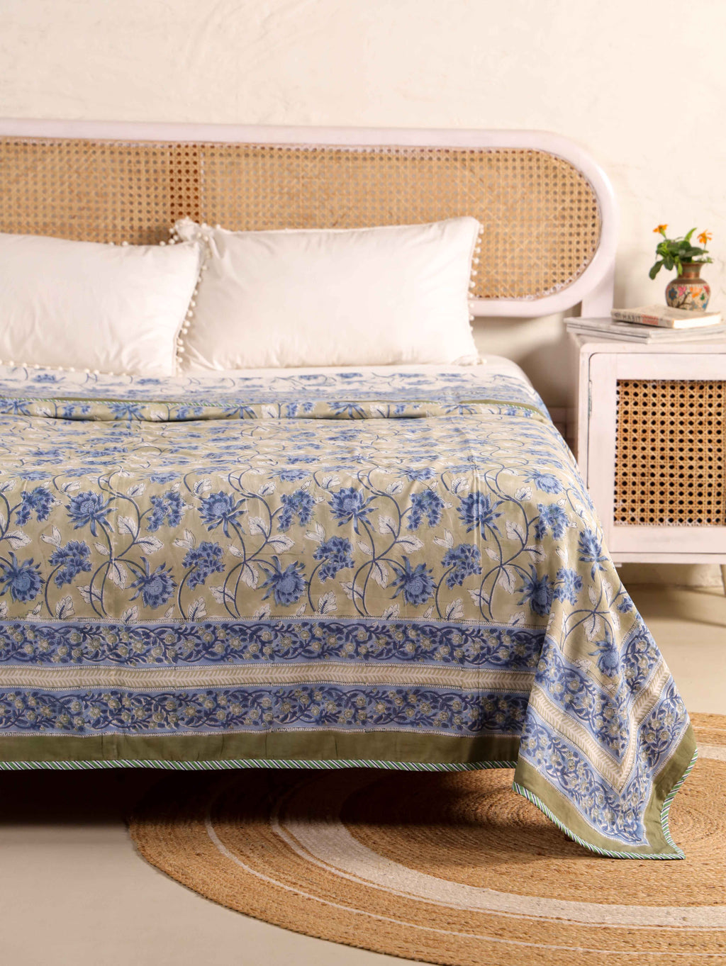 SAGA BLUE LOTUS HAND BLOCK PRINT REVERSIBLE COTTON DOHARS