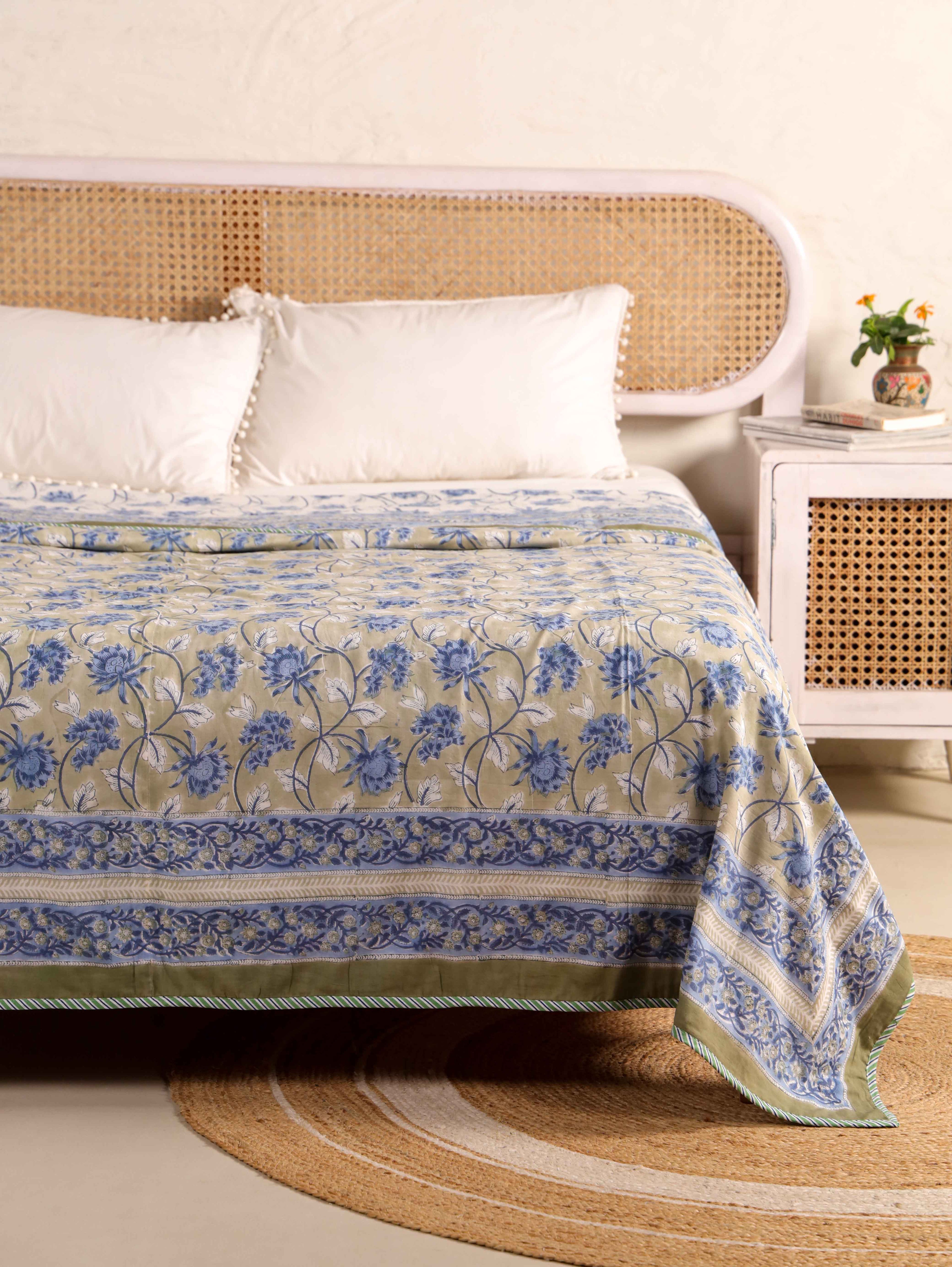 SAGA BLUE LOTUS HAND BLOCK PRINT REVERSIBLE COTTON DOHARS