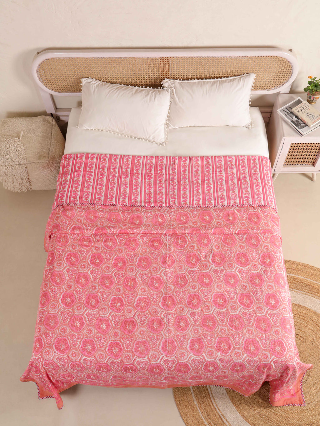PINK ROSETTES  HAND BLOCK PRINT REVERSIBLE COTTON DOHARS