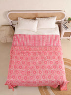 PINK ROSETTES  HAND BLOCK PRINT REVERSIBLE COTTON DOHARS