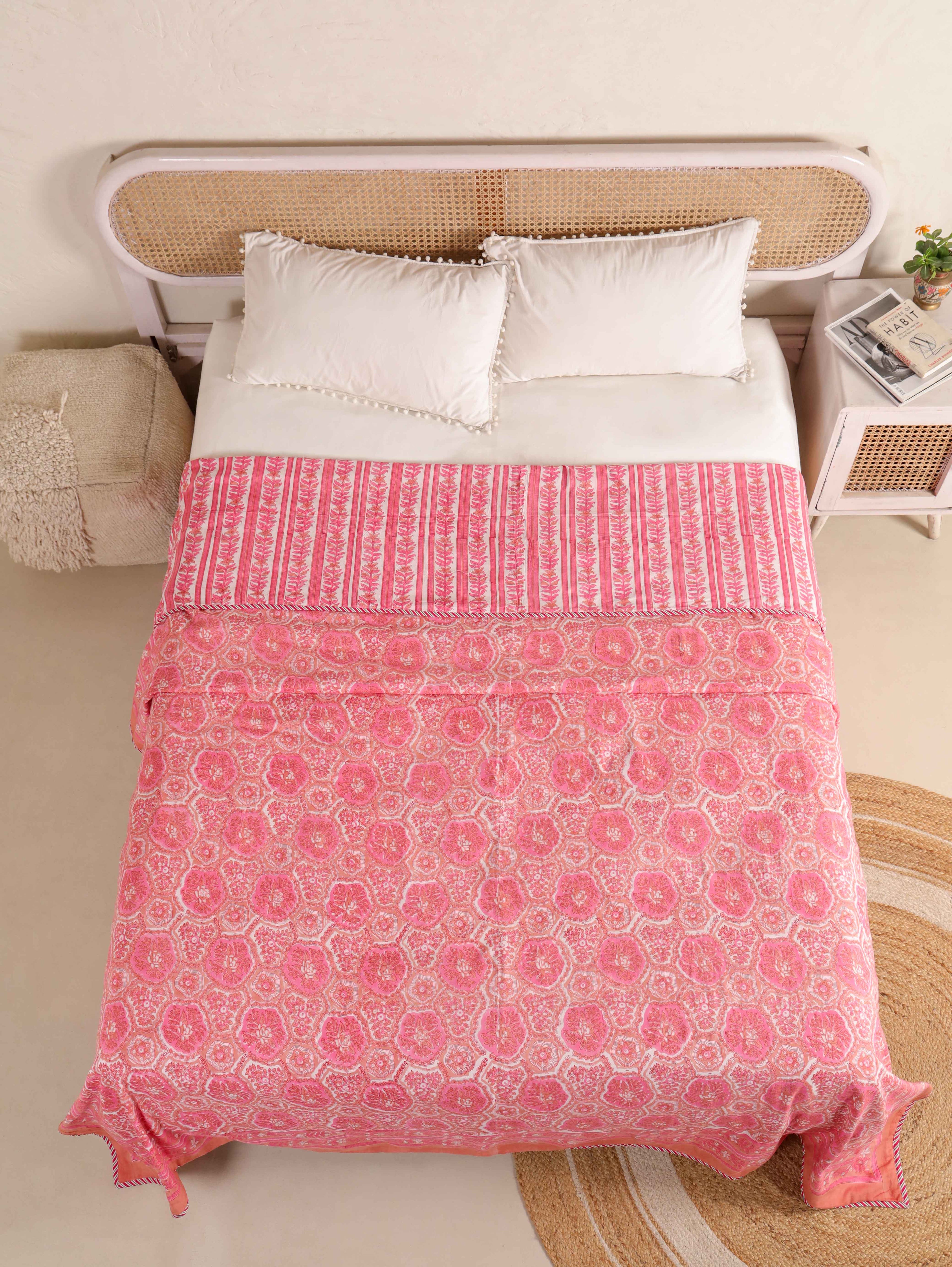 PINK ROSETTES  HAND BLOCK PRINT REVERSIBLE COTTON DOHARS