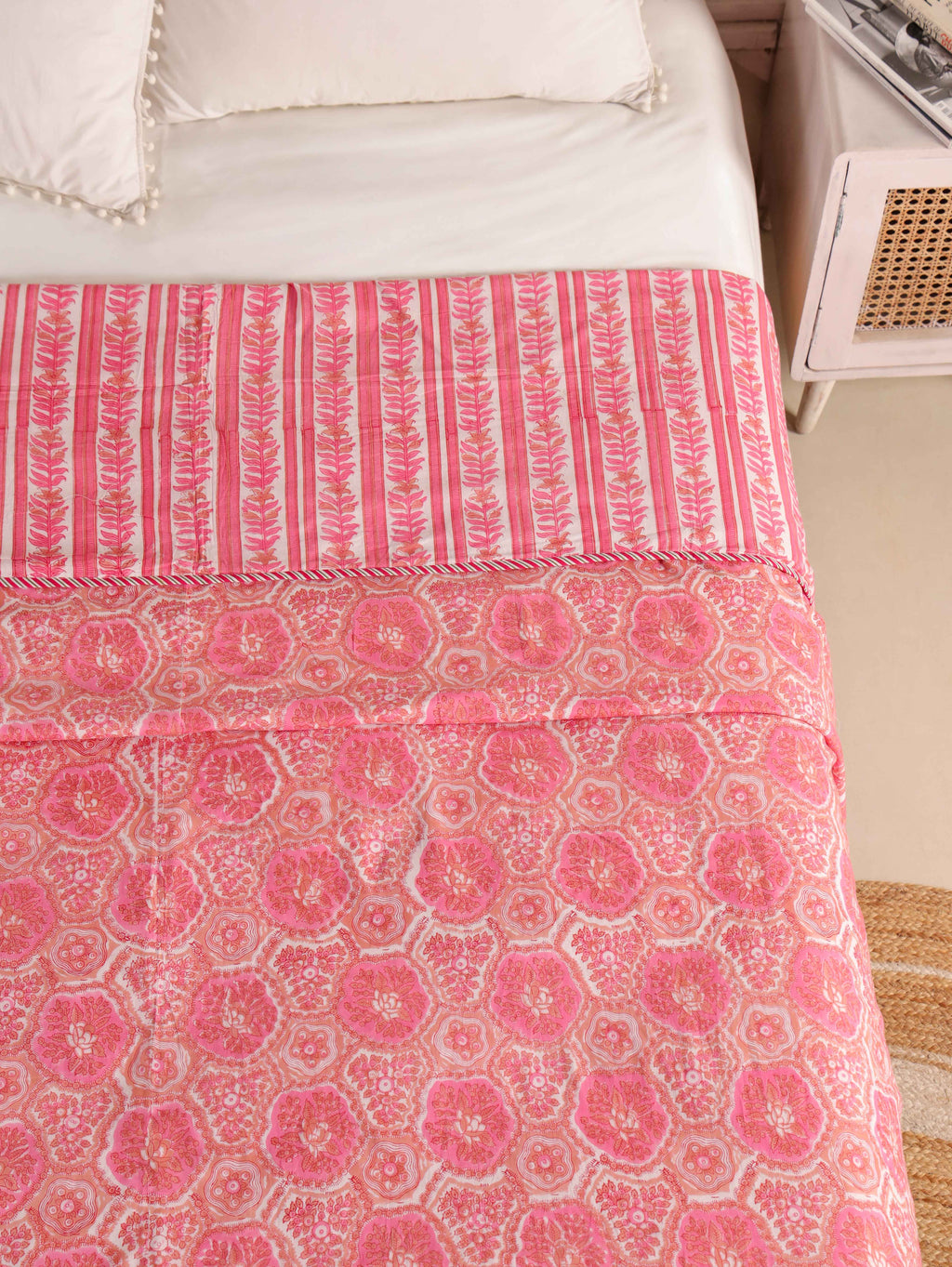 PINK ROSETTES  HAND BLOCK PRINT REVERSIBLE COTTON DOHARS