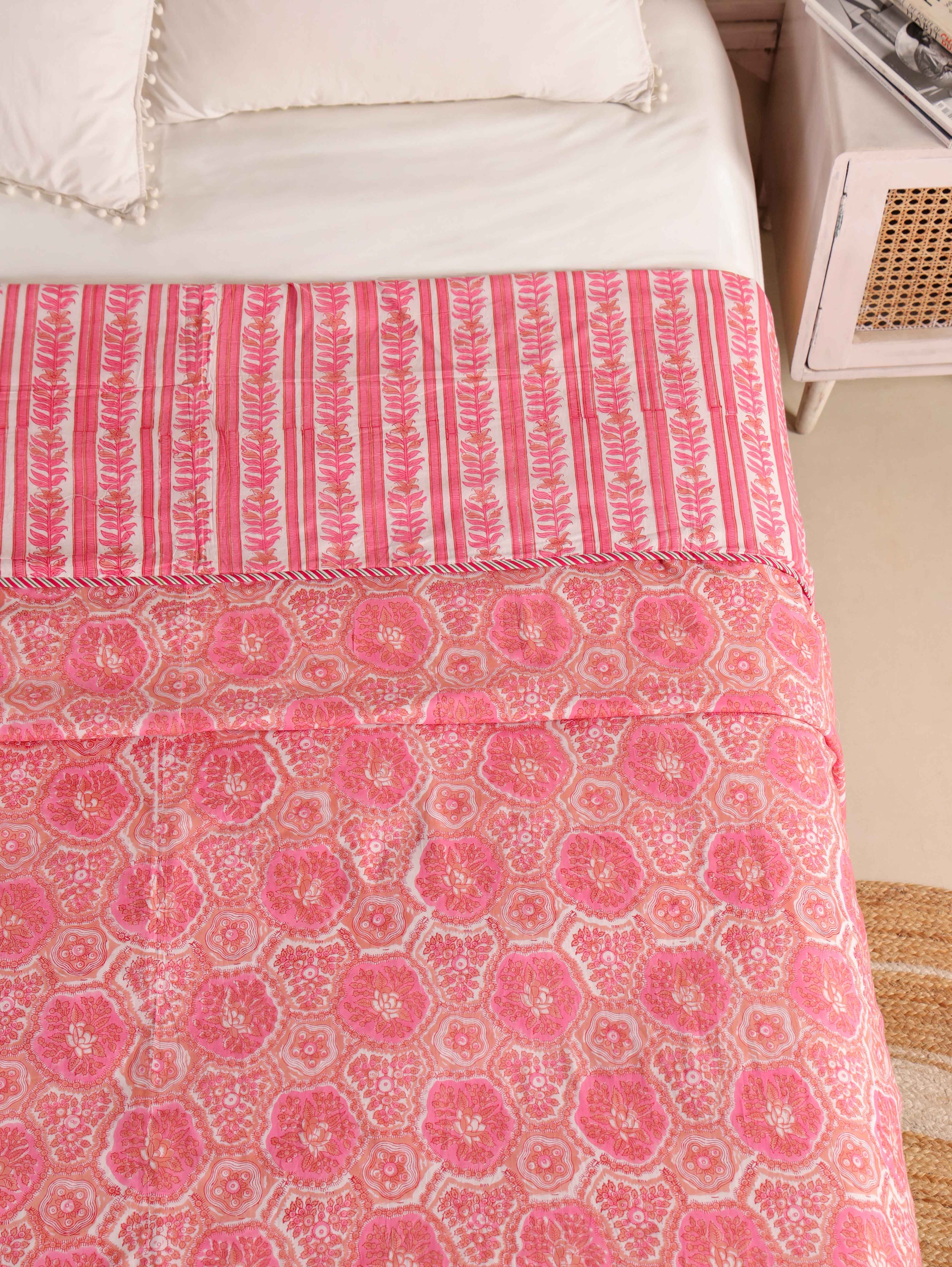 PINK ROSETTES  HAND BLOCK PRINT REVERSIBLE COTTON DOHARS
