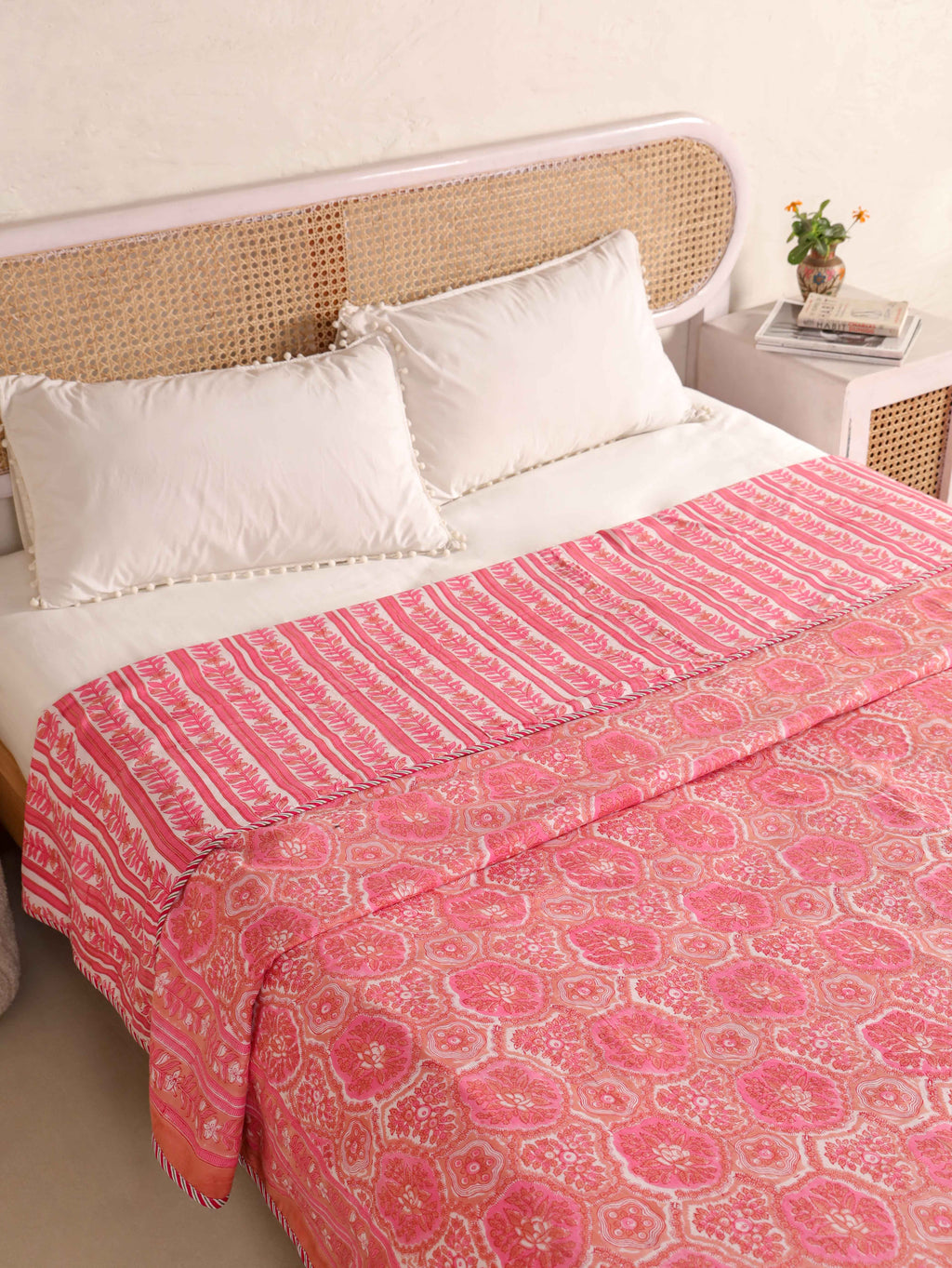 PINK ROSETTES  HAND BLOCK PRINT REVERSIBLE COTTON DOHARS